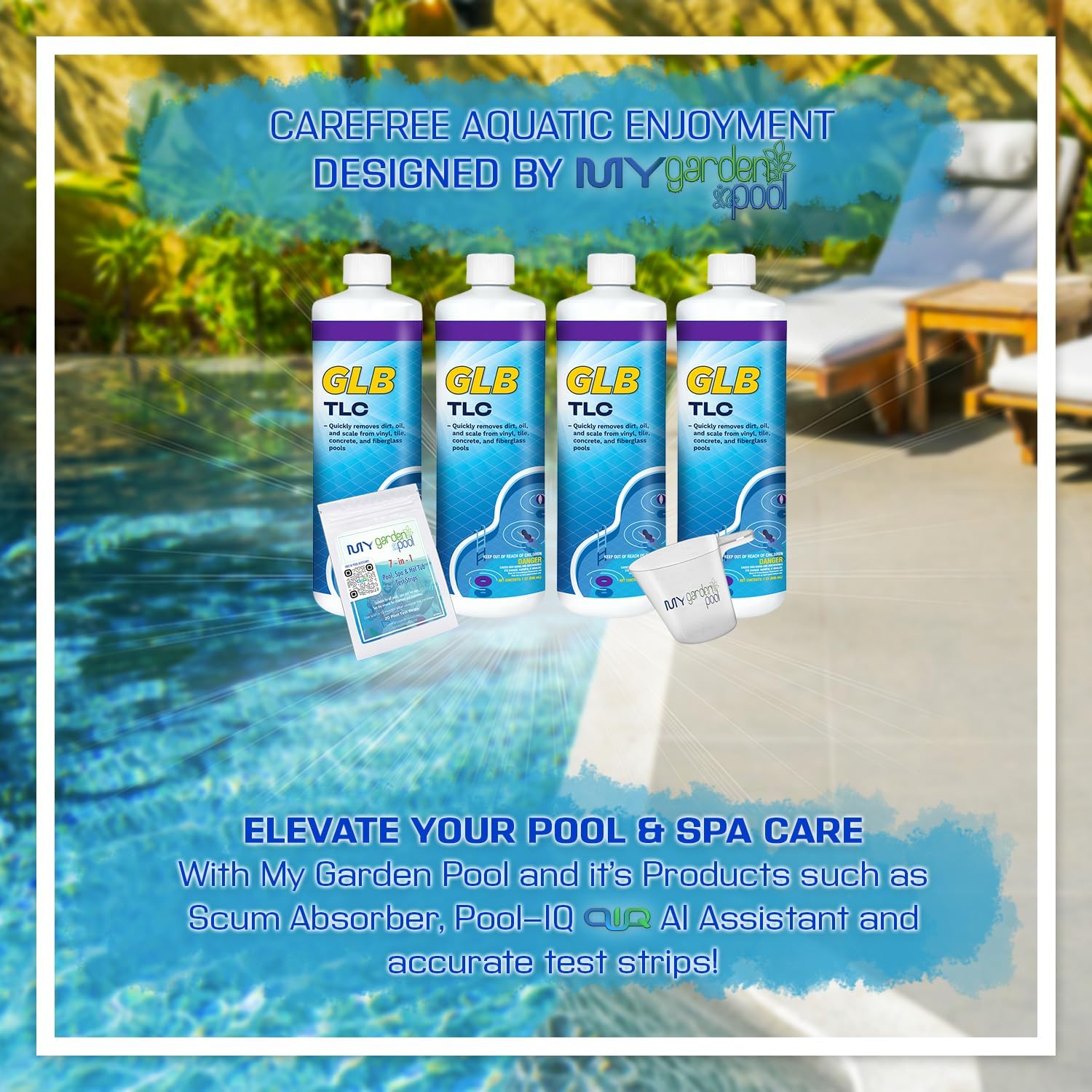 GLB TLC Surface Cleaner 32oz (71028A) 4-Pack with My Garden Pool 7-in-1 Test Strips & Measuring Cup – Restores Shine, Removes Residue & Film