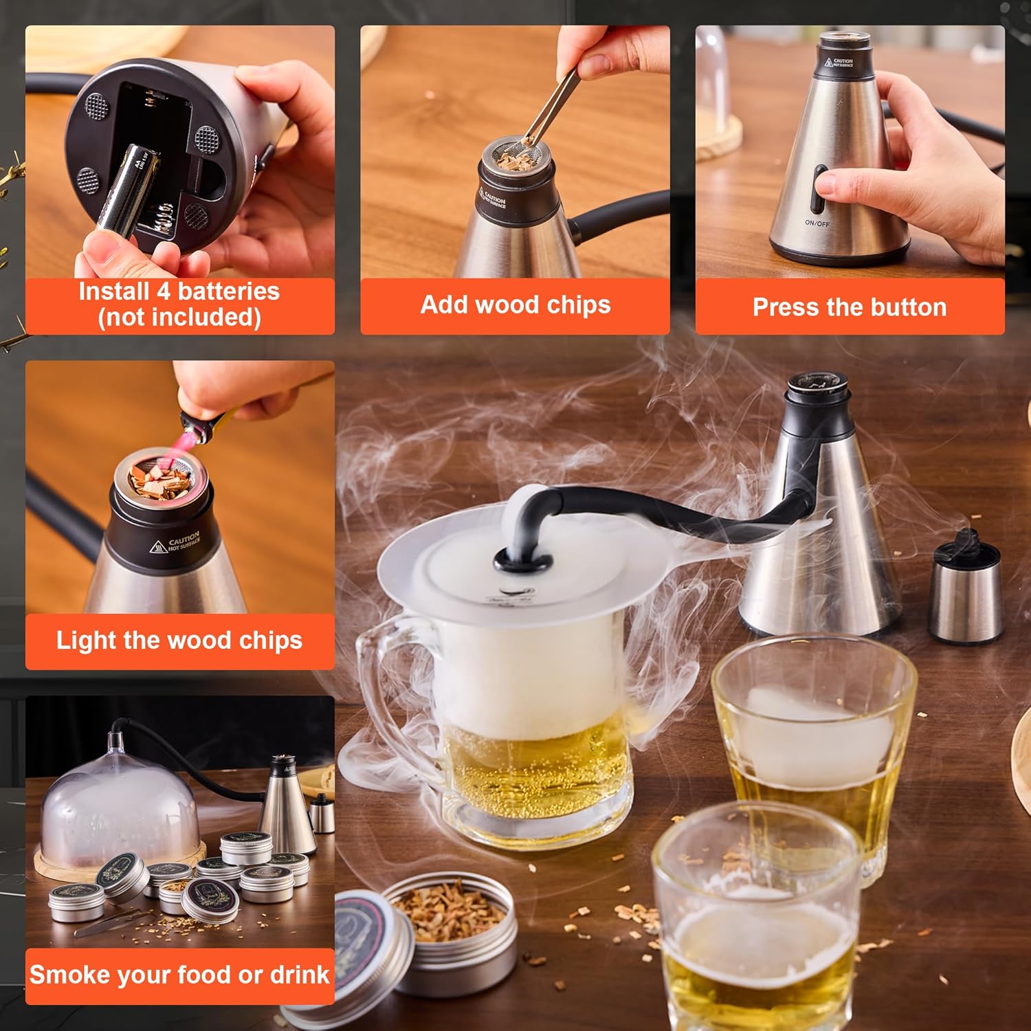 Elegant Cocktail Smoker Kit - Complete Whiskey Drink Smoking Gun with 8 Flavors of Wood Chips, Dome, and Accessories, Adds Flavor to Food and Drinks, Infuser Kit for Indoor Outdoor Use
