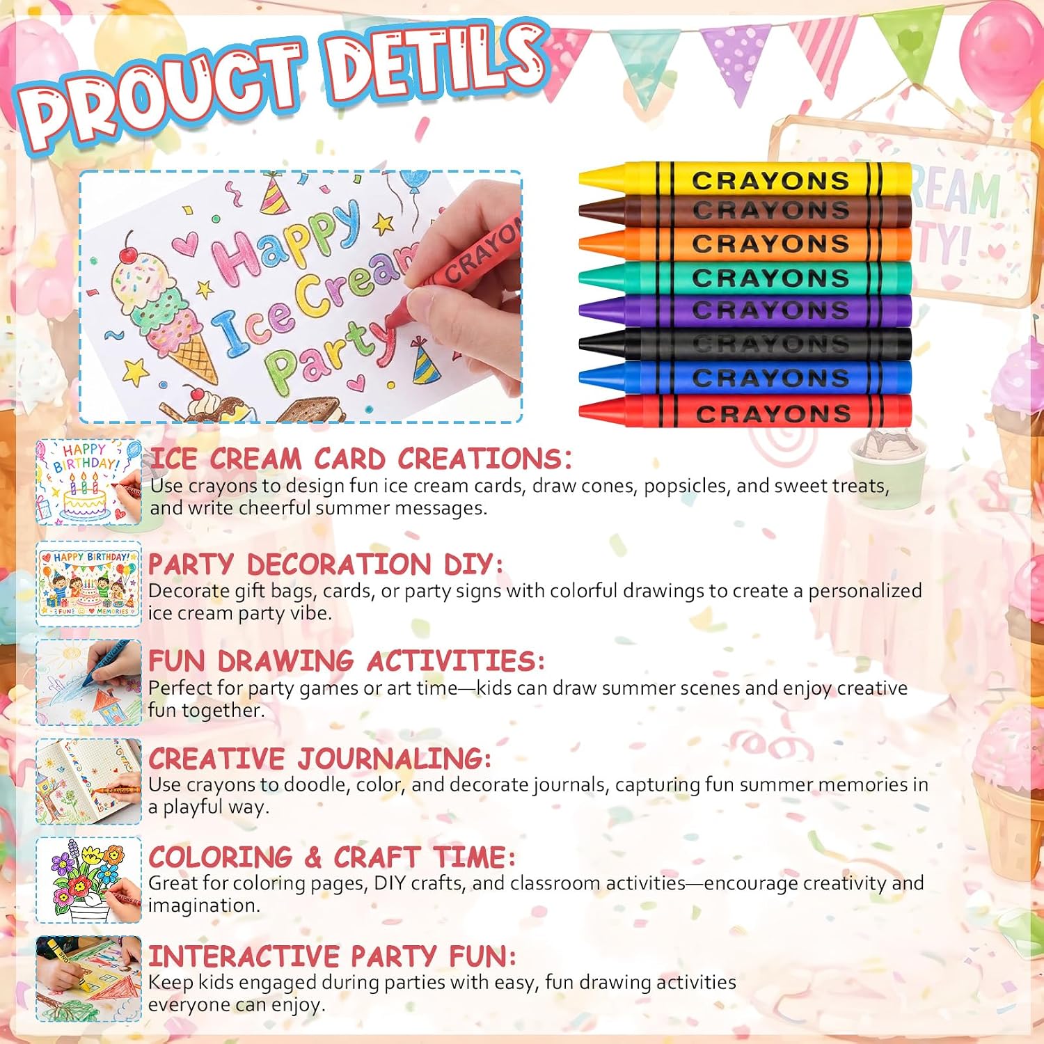 Flutesan 24 Packs/ 192 Pcs Ice Cream Party Favors Crayons Bulk Gifts for End of Years Gifts Graduation Summer Birthday Goodie Bag Fillers Stuffers, 8 Colors