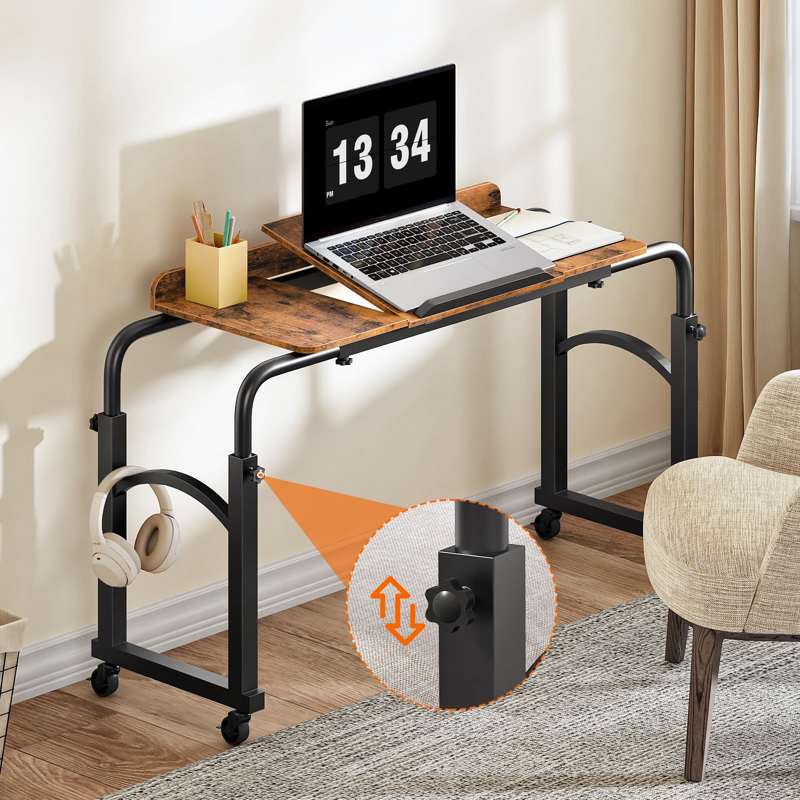 HOOBRO Mesa Auxiliar Móvil para Cama, con Longitud y Altura Ajustables, con Borde Frontal de Protección, para Sillón Individual, Cama Individual, Dormitorio y Oficina, Marrón Rústico y Negro EBF84DN01