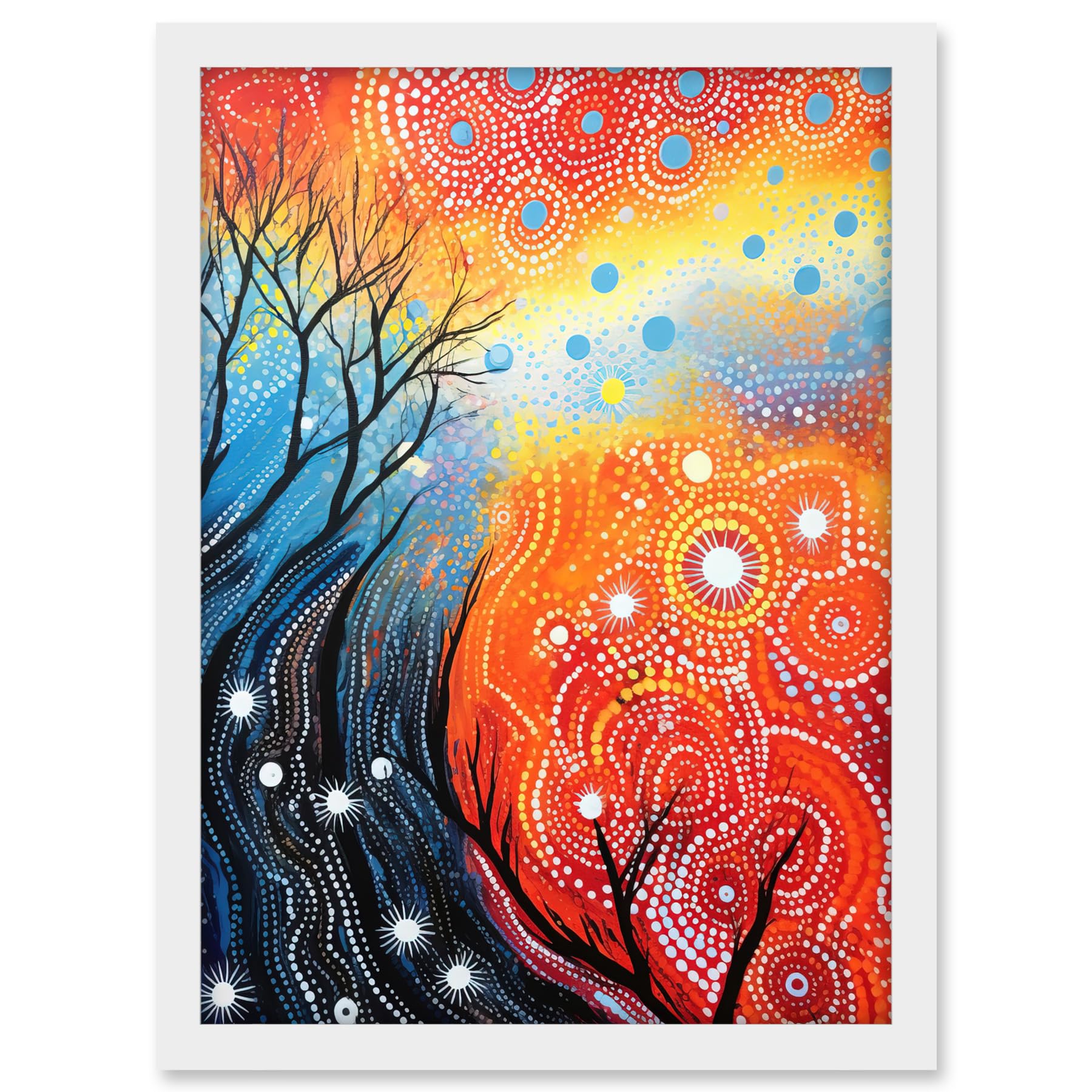 Artery8 Contemporary Aboriginal Artwork in Blue and Orange Vibrant Abstract Forest Trees and Stars Artwork Framed A3 Wall Art Print