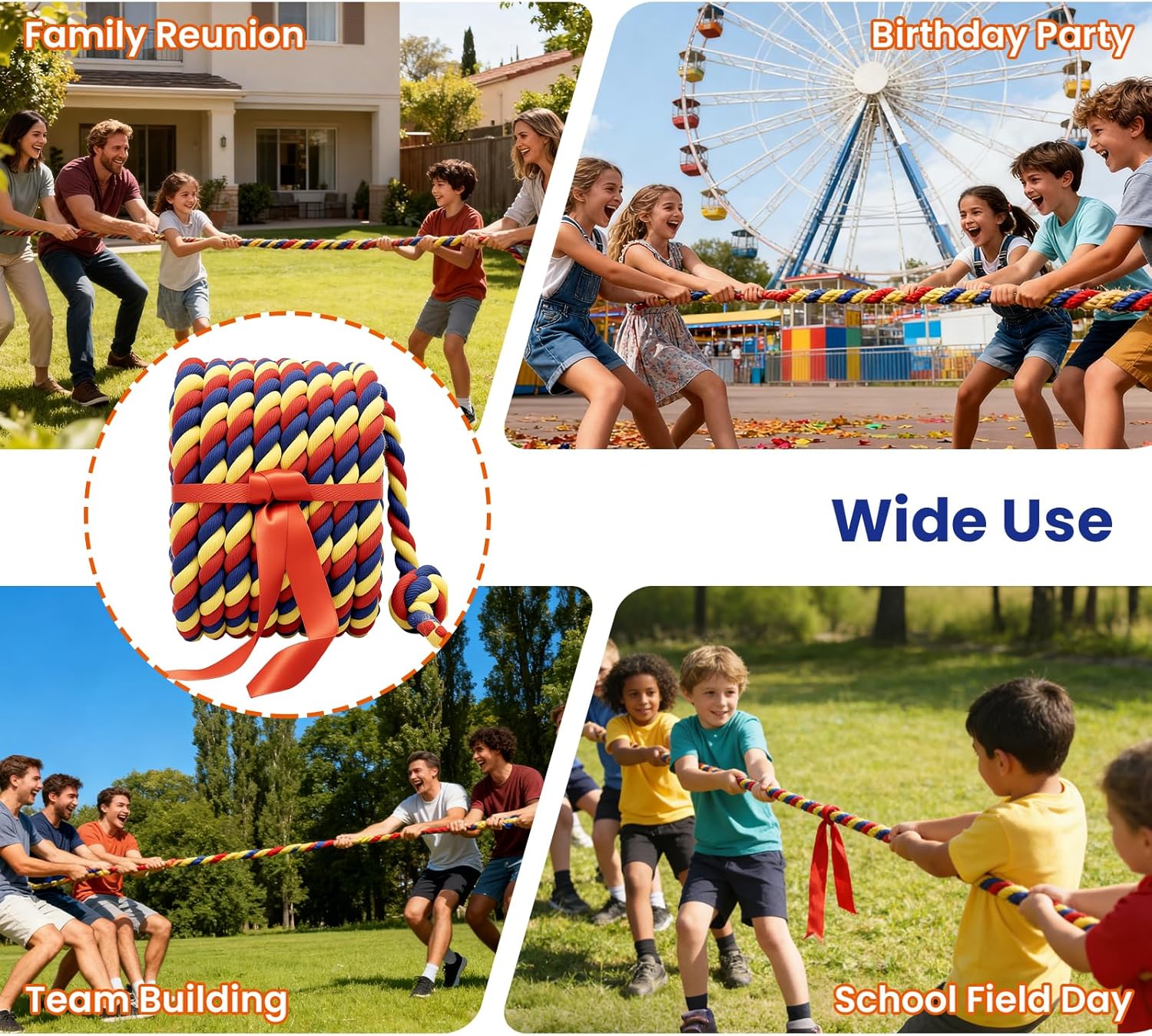 40FT Tug of War Rope for Summer Games, Natural Twisted Cotton Rope Outdoors Yard Backyard Camping Lawn Game for Team Building Activities Field Day Family Reunion Birthday Party