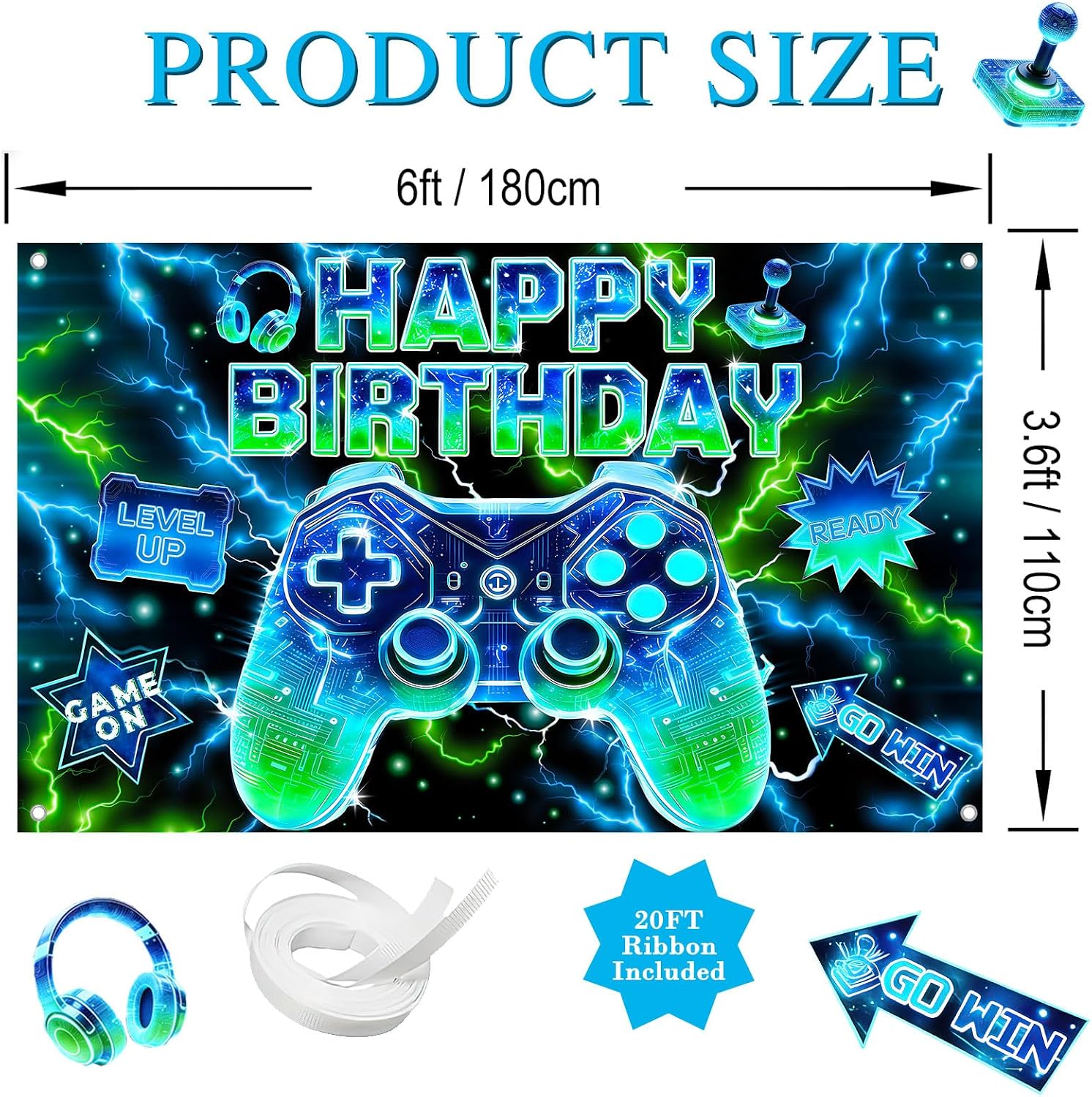 Avezano Game On Happy Birthday Banner Gamer Birthday Party Decorations Level Up Backdrop Neon Video Game Party Banner for Boys (6 x 3.6 ft)