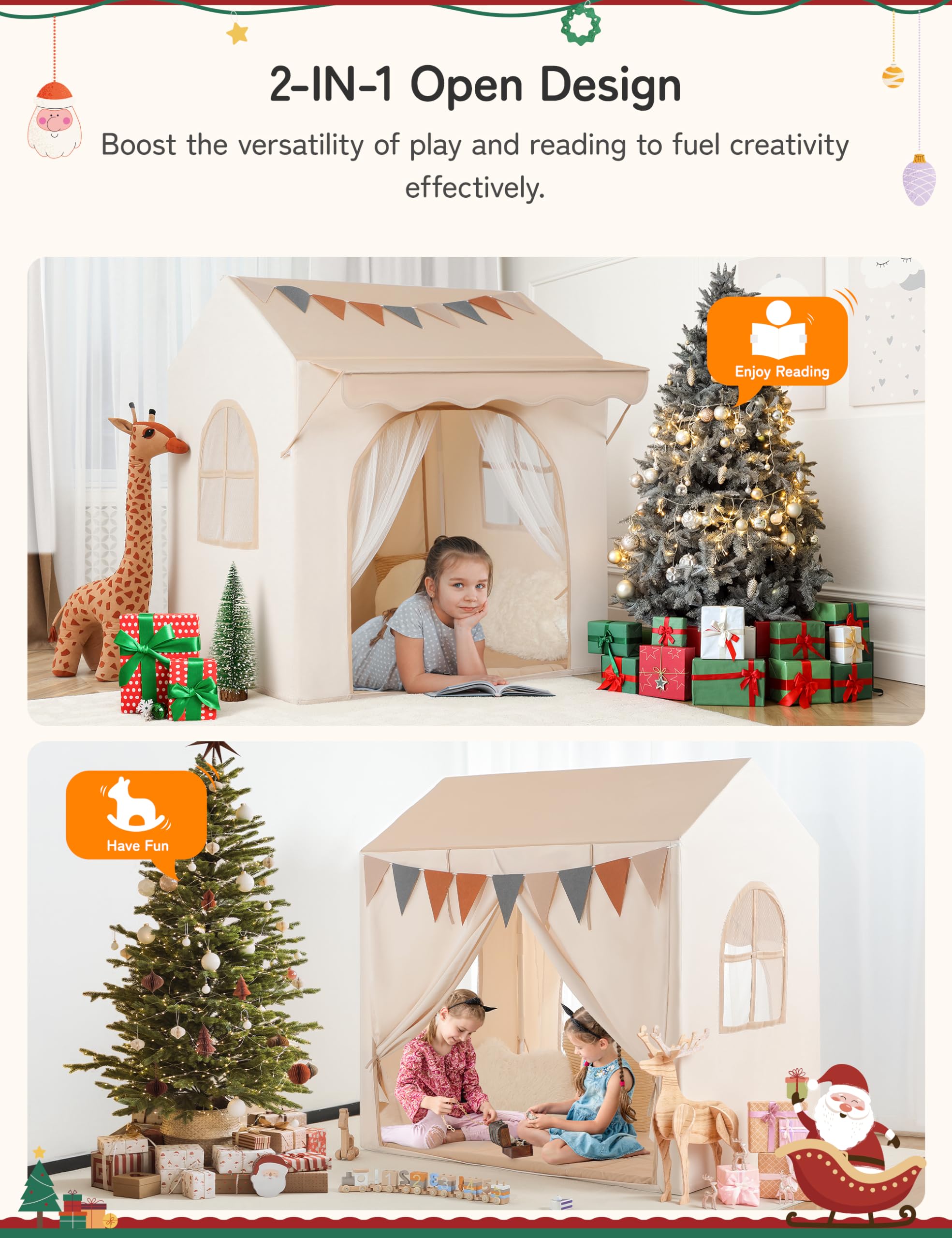 Besrey Tenda per Bambini 2-in-1, Tenda da Gioco con Tettoia per Interni ed Esterni, con Luci, Bandierine e Tappetino, Design Ampio per Lettura e Giochi Creativi - Regalo di Natale Ideale per Bambini
