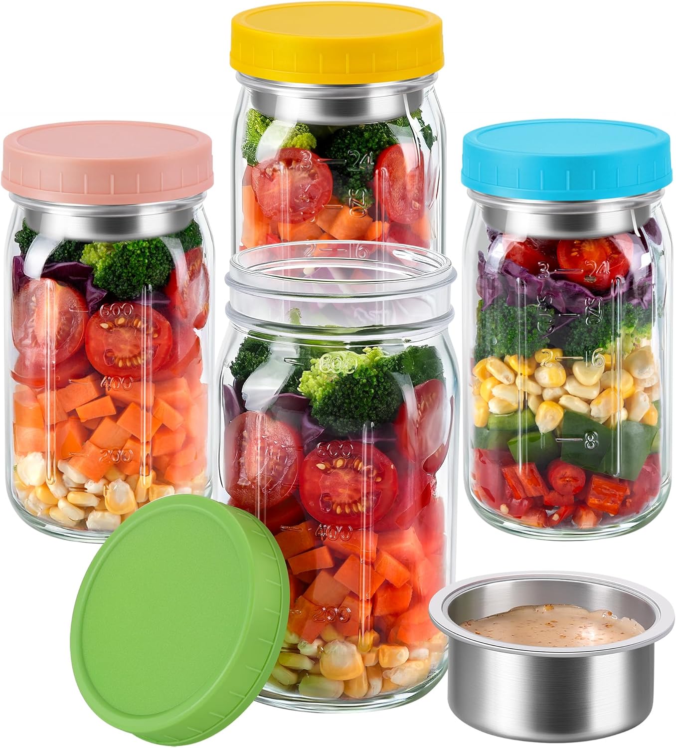 KTKUDY 4 Pack 32 oz Glass Salad Jars with Dressing Cups (Pod) - Meal Prep Salad Container for Lunch - Leakproof Mason Jars with Lids