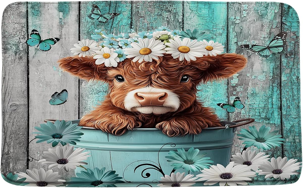Alfombra de baño rústica de vaca Highland para baño, cocina, felpudo, 18.0 x 30.0 in | Gris verde azulado,Puerta de granero,Floral,Mariposa,Lindo,Granja,Animal,Occidental,Casa de campo,Espuma viscoelástica,Corredor,Inodoro de bañera,Dormitorio,Alfombra de piso