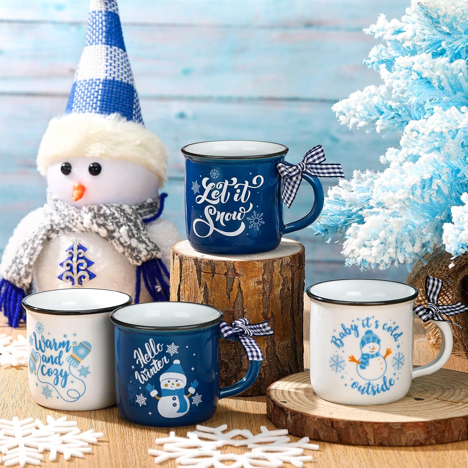 lallisa 4 pcs winter christmas coffee mugs with ribbon ceramic mug gift hot cocoa mini coffee cups holiday mugs tiered tray decoration with handle for kitchen farmhouse home housewarming centerpieces snowflake