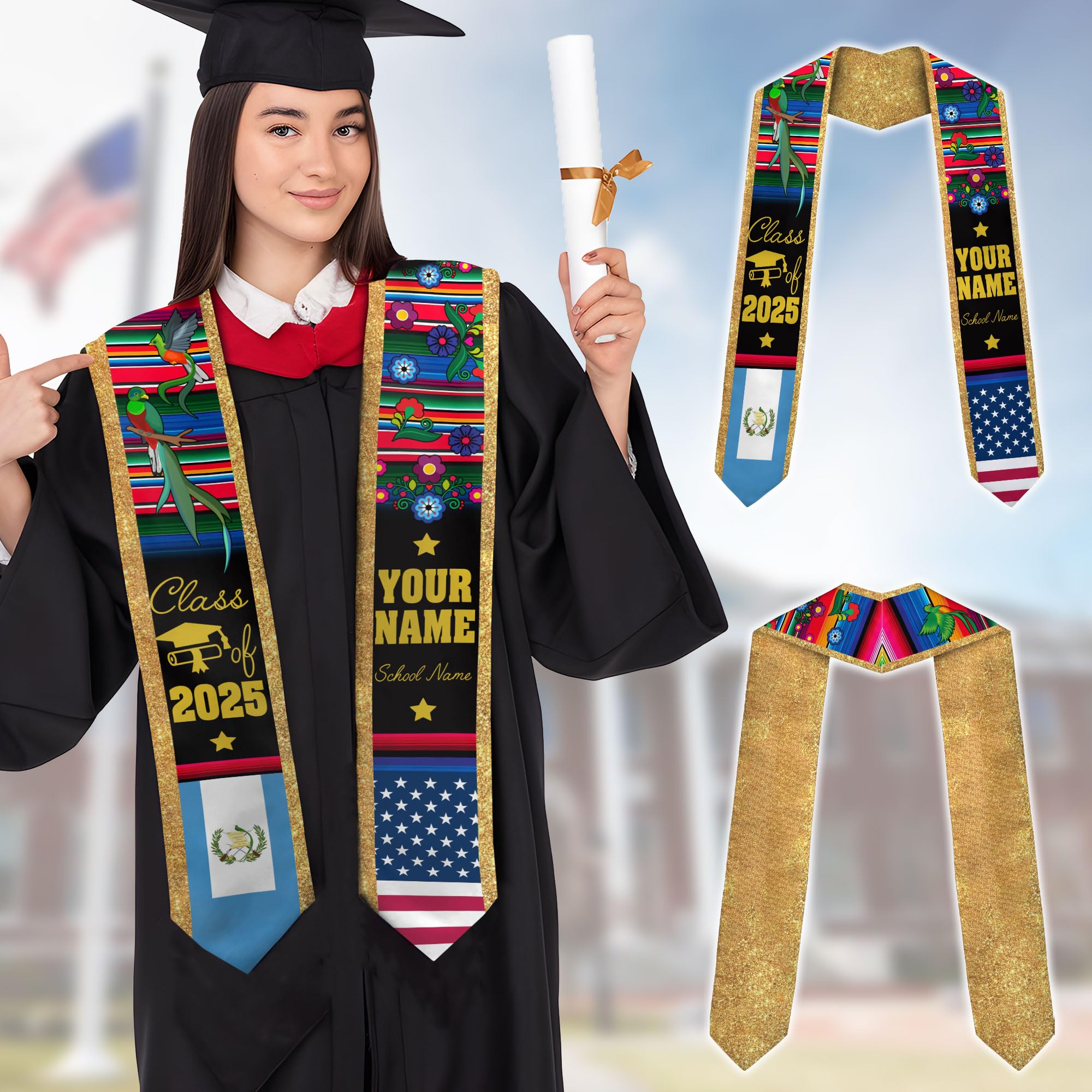 MonkeyVan Custom Guatemala Graduation Sash, Personalized Guatemalan Graduation Sash 2025, Guatemala American Graduation Sashes Gtm8