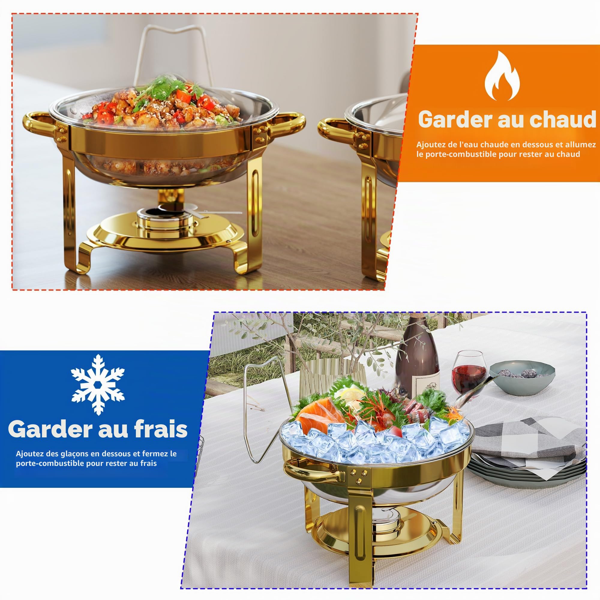 Lot de 4 Ronde Chafing Dish en Acier INOX, 5QT Chauffe Plat Buffet avec Couvercle en Verre, Réchaud Marmite Chauffante Buffet pour Fêtes, Événements, Mariages, Banquets, Dîners