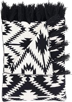 Snugtown 100% Cotton Cable Knit Double Layer Warm Cozy Throw Blanket, Tribal Aztec Pattern Home Decorative Blanket Throw with Tassels for Couch Chairs Bed, Black and White, 50 x 60 Inches