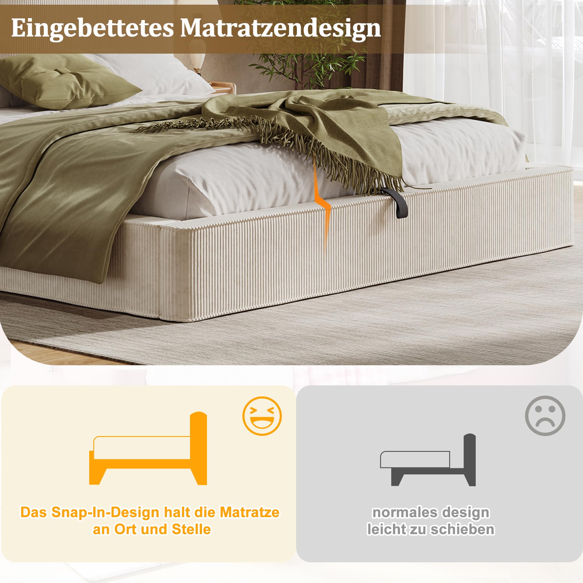Merax Polsterbett Doppelbett 180x200 cm mit hydraulischem Stauraum & Lattenrost, Samt, 13 cm Dickes gepolstertes Kopfteil (105 cm hoch), eingebaute Struktur, Cord, Beige (Ohne Matratze)