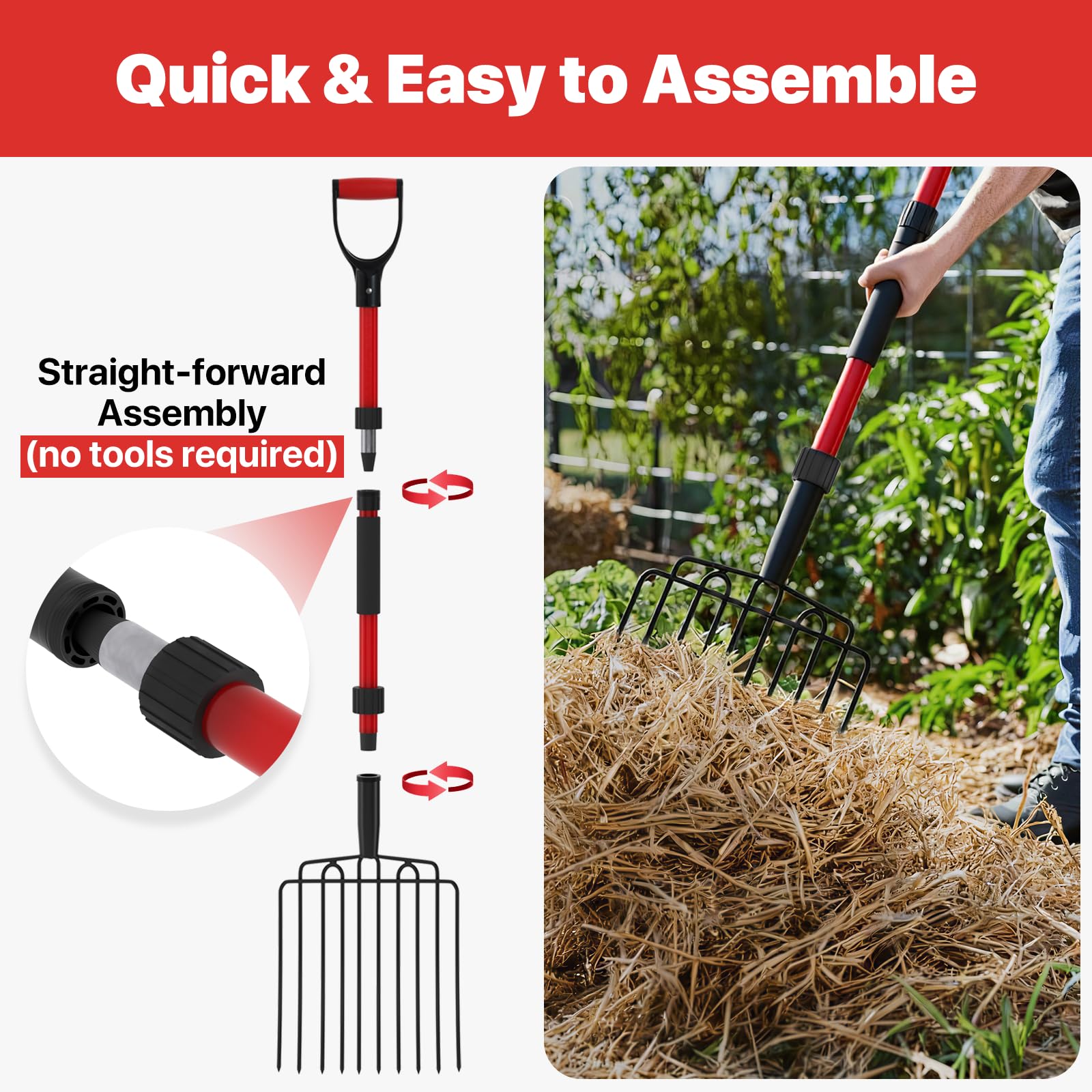 Cosita Forcone da Giardino Largo con 10 Denti in Metallo, Resistente, con Manico in Fibra di Vetro, 111 cm, per Letame, pacciamatura, compostaggio, Rosso