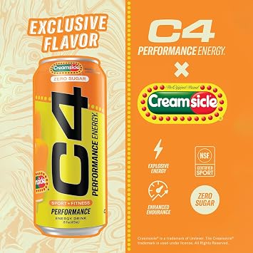 C4 Performance Energy Drink, Orange Creamsicle, Zero Sugar Carbonated Preworkout Energy, 200mg Caffeine with Beta Alanine, 16 Fl Oz (12 Pack)