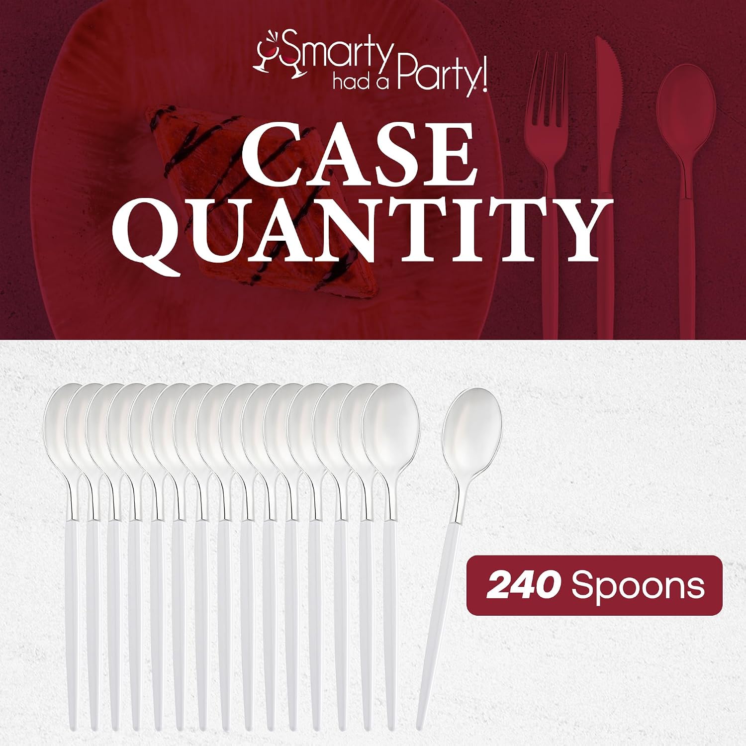 Smarty Had A Party Disposable Plastic Cutlery Set for 240 Guests, Heavy Duty White with Silver Plastic Spoons, Elegant Party Supplies for Weddings and Events