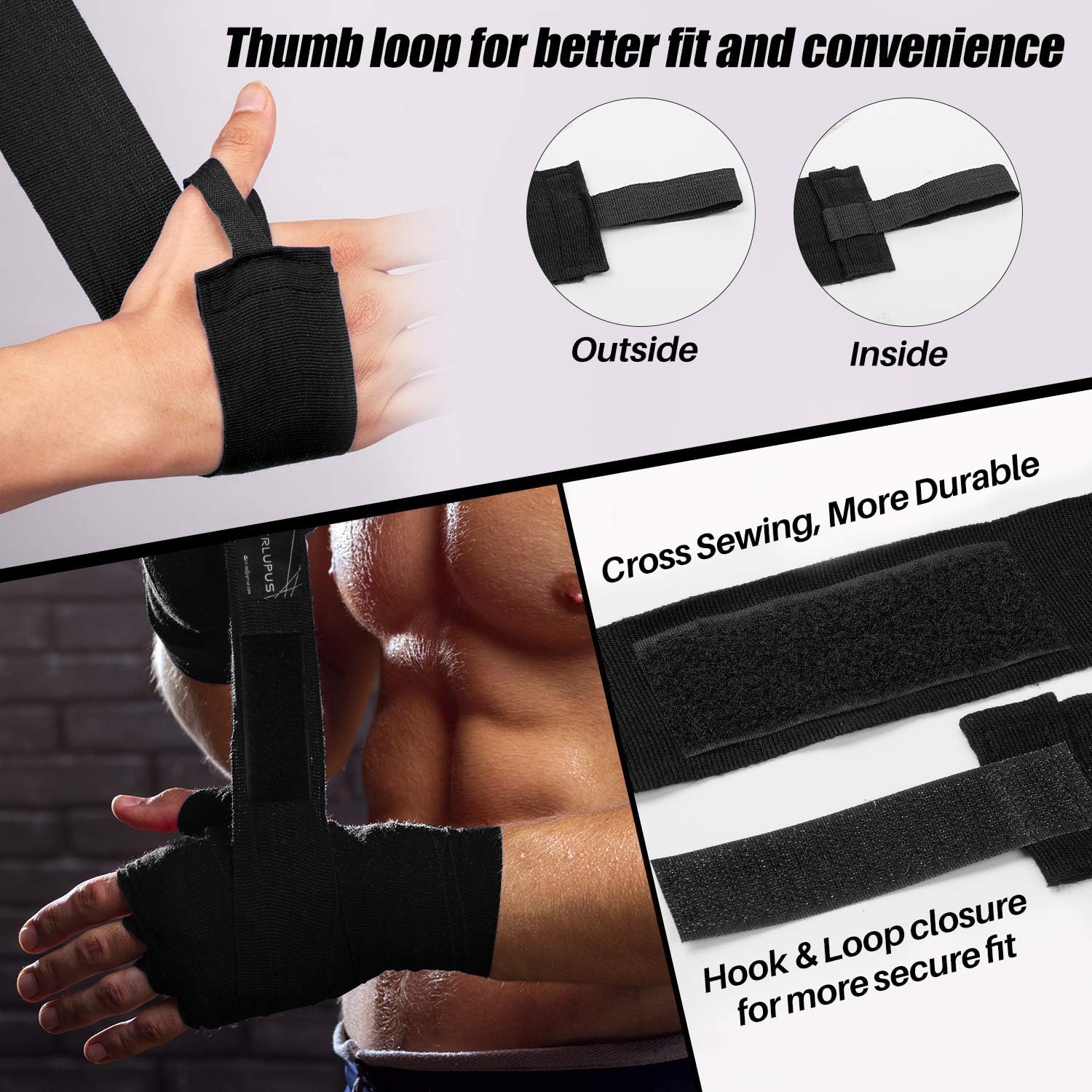 LIBERLUPUS Elastic Professional 120/180 Inch Hand Wraps for Men Women, Boxing Gloves Martial Arts Wraps with Hand & Wrist Support, Stretch Boxing Handwraps for Kickboxing Muay Thai MMA (Pair) : Sports & Outdoors