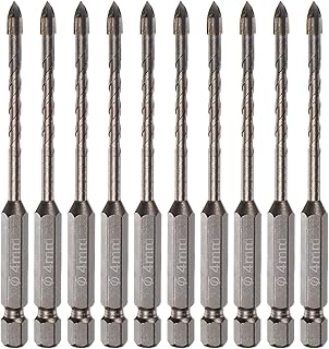 HARFINGTON 10pcs Titanium Coated Masonry Drill Bit, 4mm Concrete Drill Bits Ceramic Tile Drill Bit with 1/4" Hex Shank for Ceramic Tile Marble Mirror Glass Concrete Brick Plastic Wood