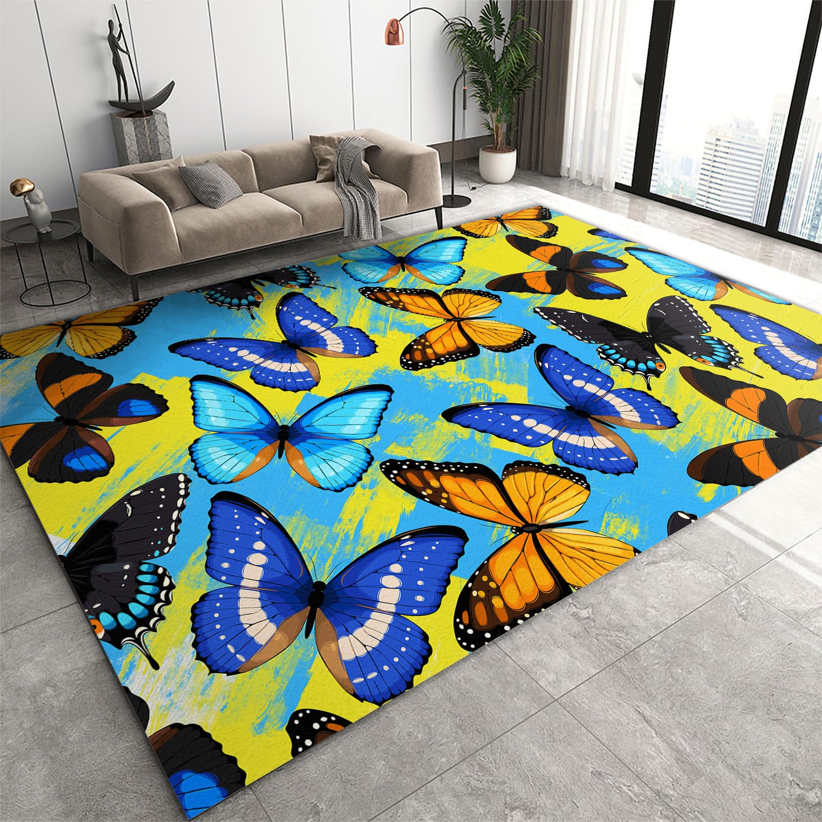 FIEMAR Area Rug 120x170cm Abstract Butterfly Print Rugs for Living Room, Aesthetic Non Slip Backed Carpet Rugs, Easy Care Low Pile Washable Neutral Area Rug for Bedroom for Classroom Bedroom Office