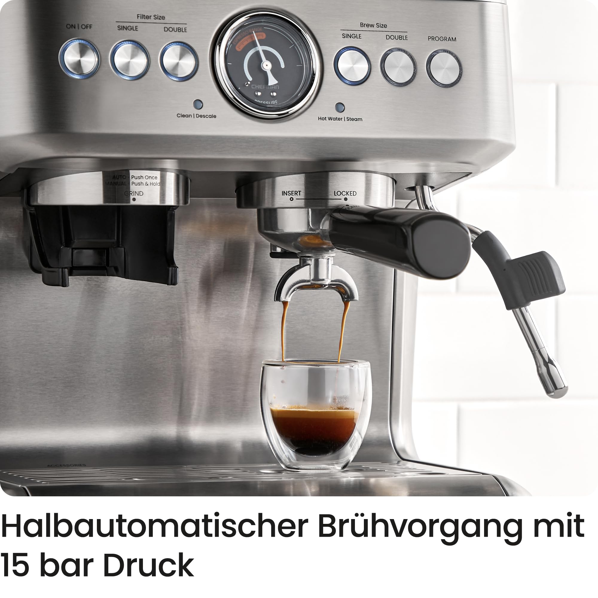 Chefman Crema Supreme 15 Bar Espressomaschine, Kaffeemühle, 30 Mahlgrade | Milchaufschäumer, Barista-Dampfstab, 3L abnehmbarer Wassertank, Edelstahl