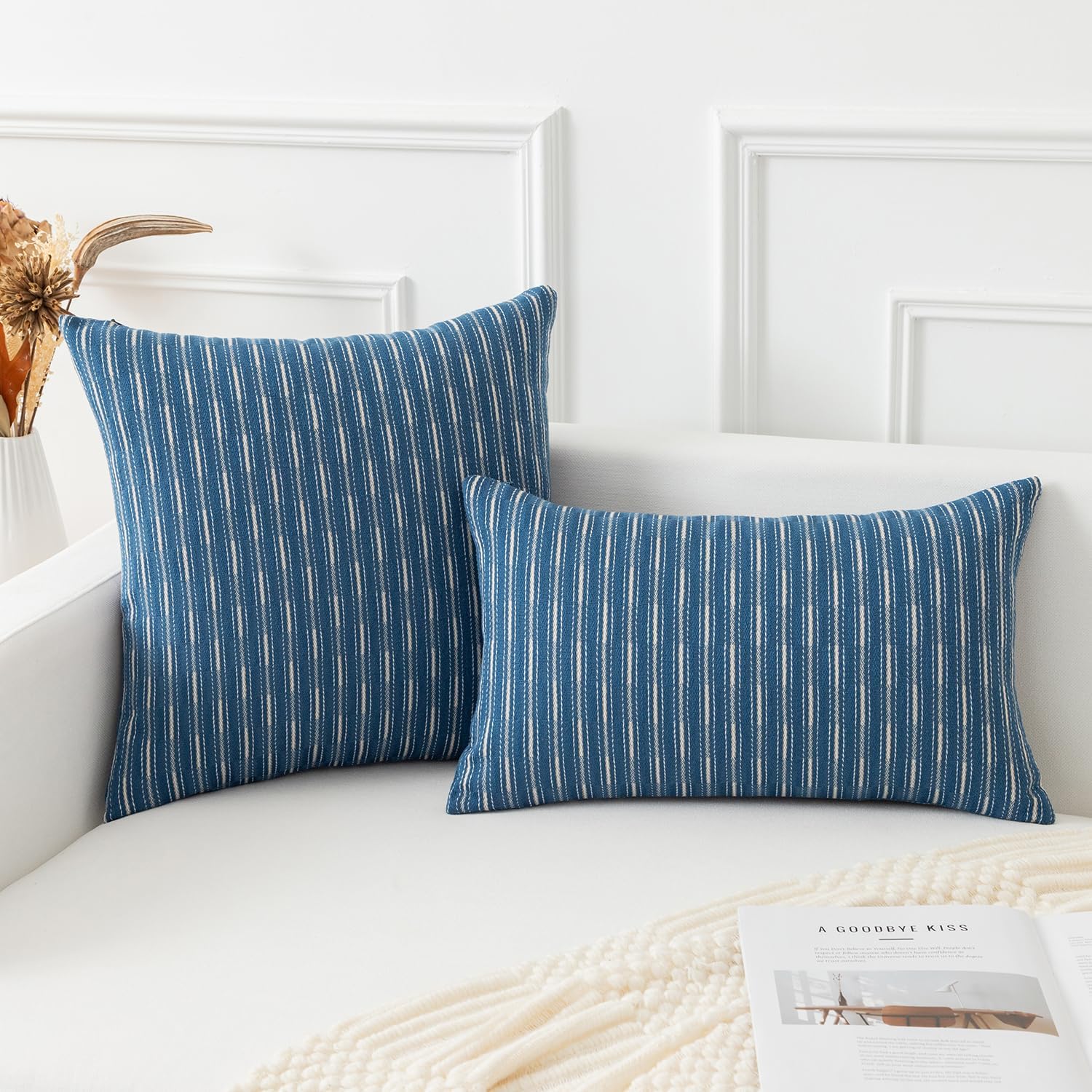 Kevin Textile Navy Blue Square Pillow Covers 24 x 24 Farmhouse Linen Pillow Covers for Sofa Couch Living Room Bedroom Farmhouse Décor for The Home Housewarming Gifts