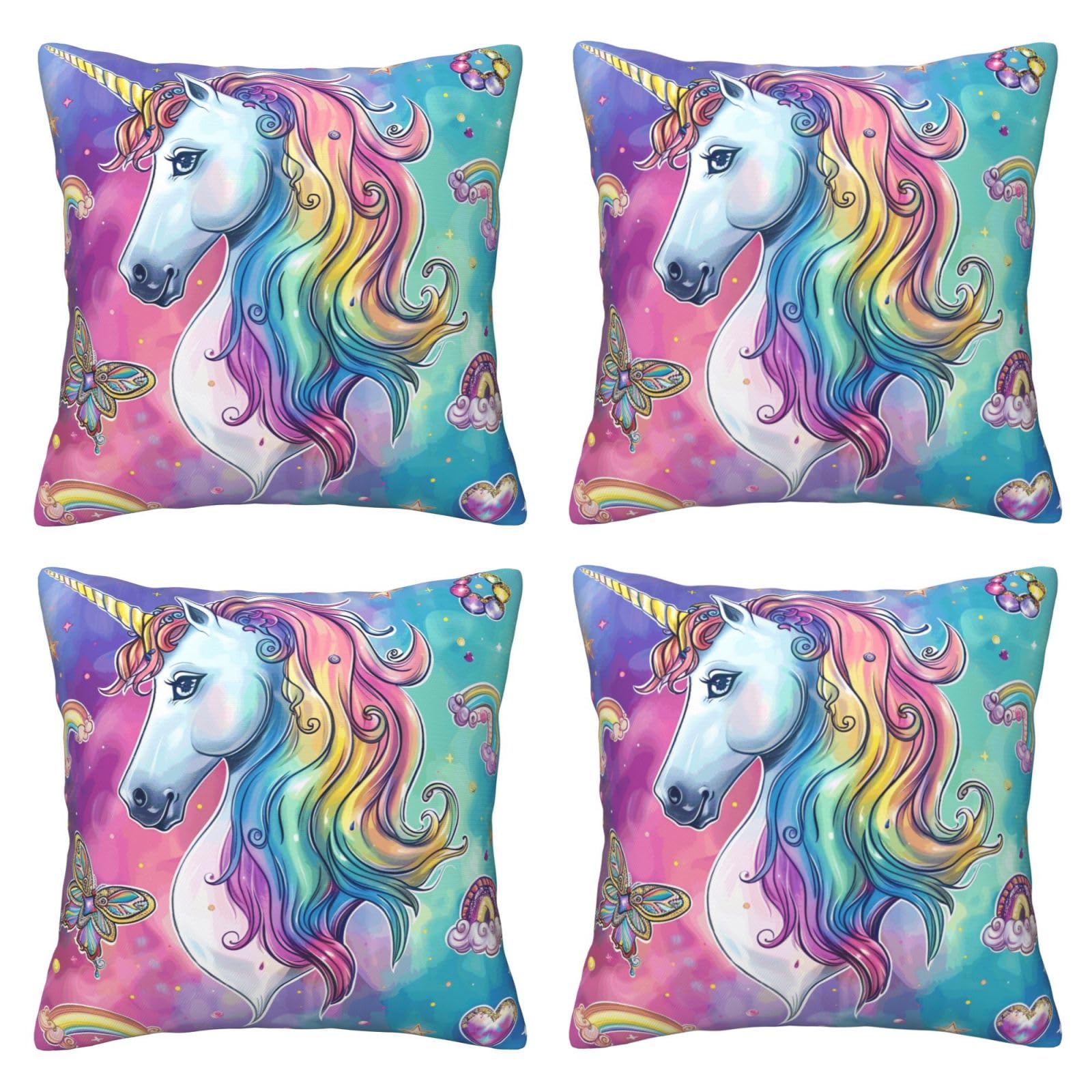 Rainbow unicorn Throw Pillow Cases 4 Pack Square Pillowcases Super Soft Pillow Protectors With Zipper for Couch Livingroom Sofa Bed Office Car,30x30 CM