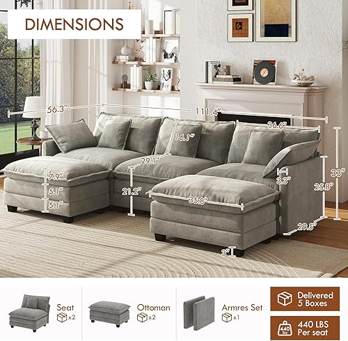 Miniatura 2 de WorthFurni Sofá Seccional Modular de 111.4", Sofá de Nube en Forma de U con 2 Otomanas Móviles, Cómodo Sofá de Chenille de Asiento Profundo con