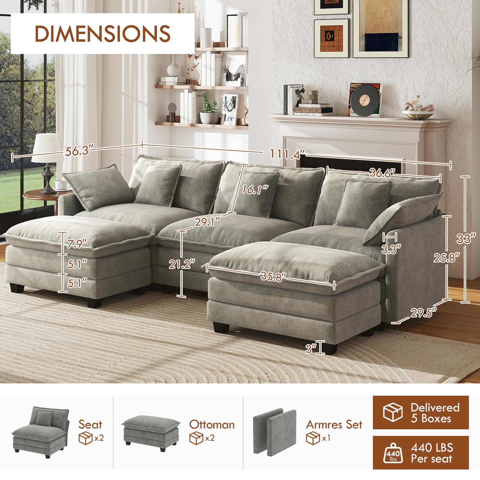 Condition photo showing New/Like New for WorthFurni 111.4” Modular Sectional Sofa, U Shape Cloud Couch OTTOMAN ONLY!, Comfy Chenille Deep Seat Sofa with Soft Pillows for Apartment Living Room Bedroom. INCOMPLETE?Grey?