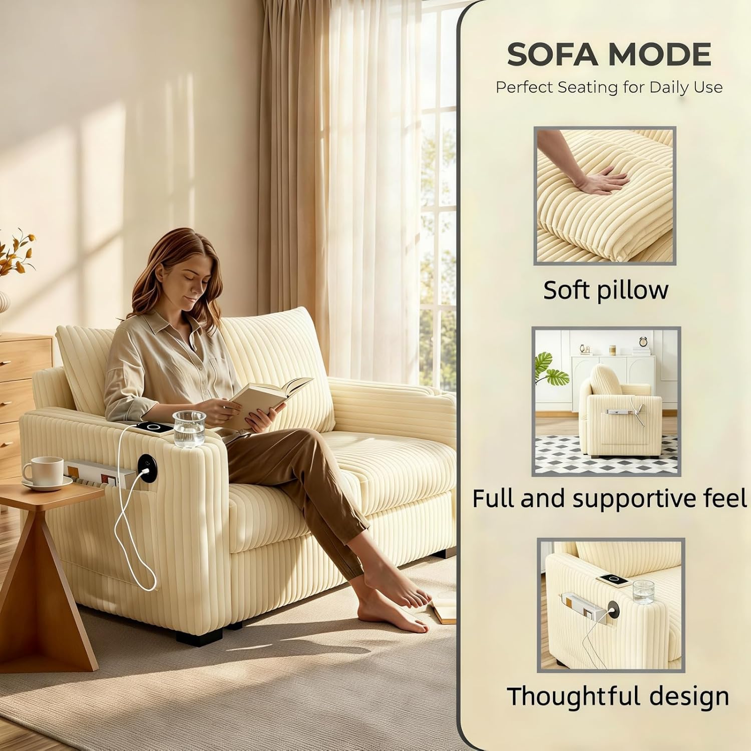 Dreamzie 53" Pull Out Couch, 3 in 1 Convertible Sleeper Sofa Bed, Corduroy Fabric Double Loveset with Pull Out Bed, USB Port, Side Pockets and Cup Holders for Living Room and Apartment, White