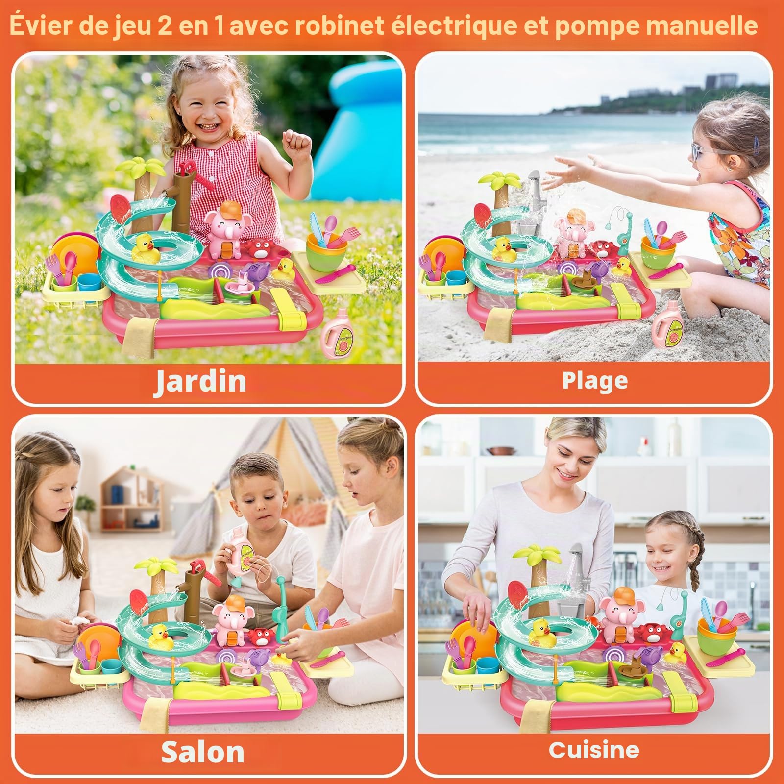 VATOS Évier de jeu avec eau courante, robinet électrique et manuel 2 en 1, jouet d'évier de cuisine, toboggan de canard, table à eau d'été, ensemble de lave-vaisselle pour enfants pour garçons et