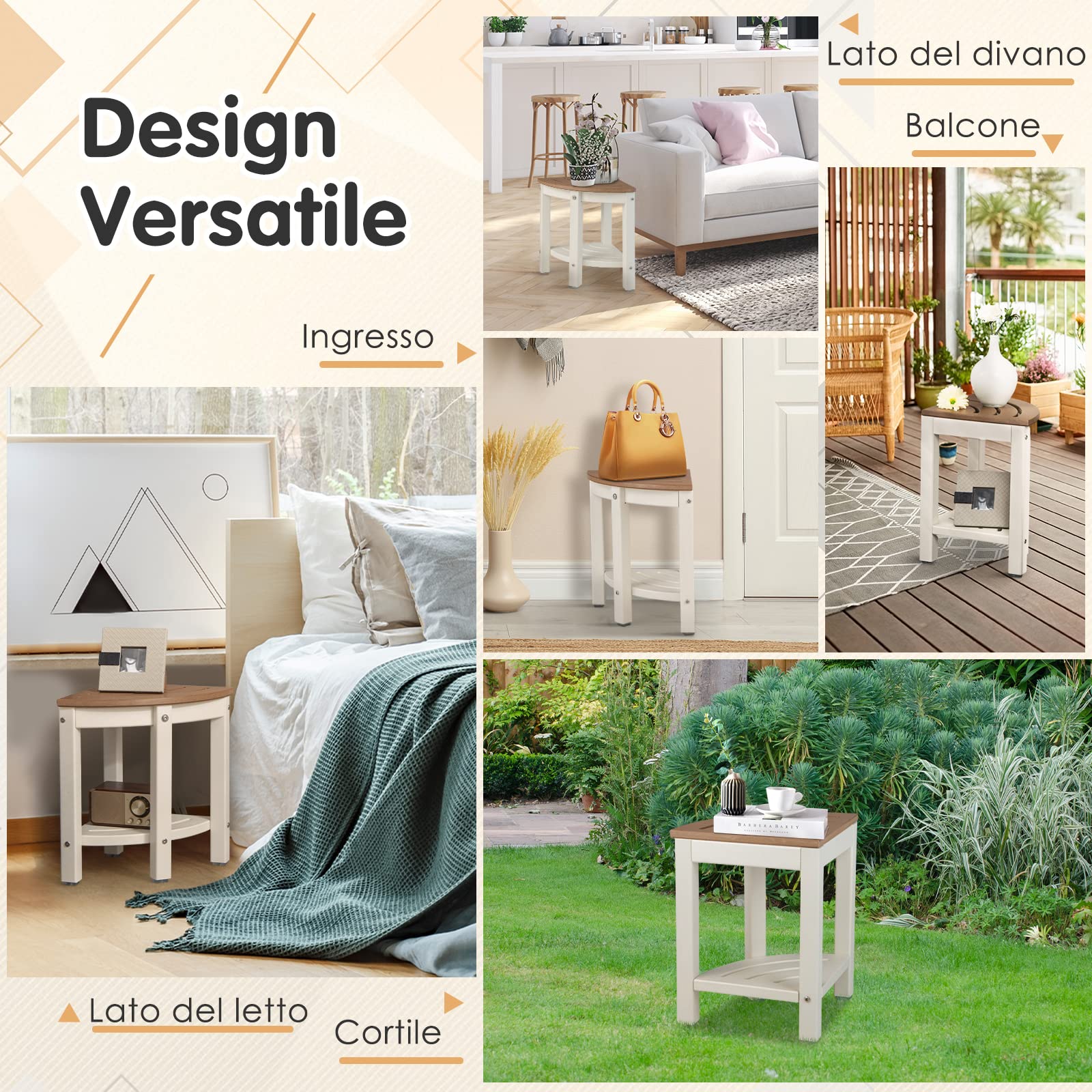 COSTWAY Sgabello Doccia, Sedia da Bagno Angolare in Polietilene con Ripiano, Sedile Multiuso a 2 Livelli per Uso Interno o Esterno, 32,5x32,5x43,5 cm, Capacità di Peso 150 kg (Marrone)