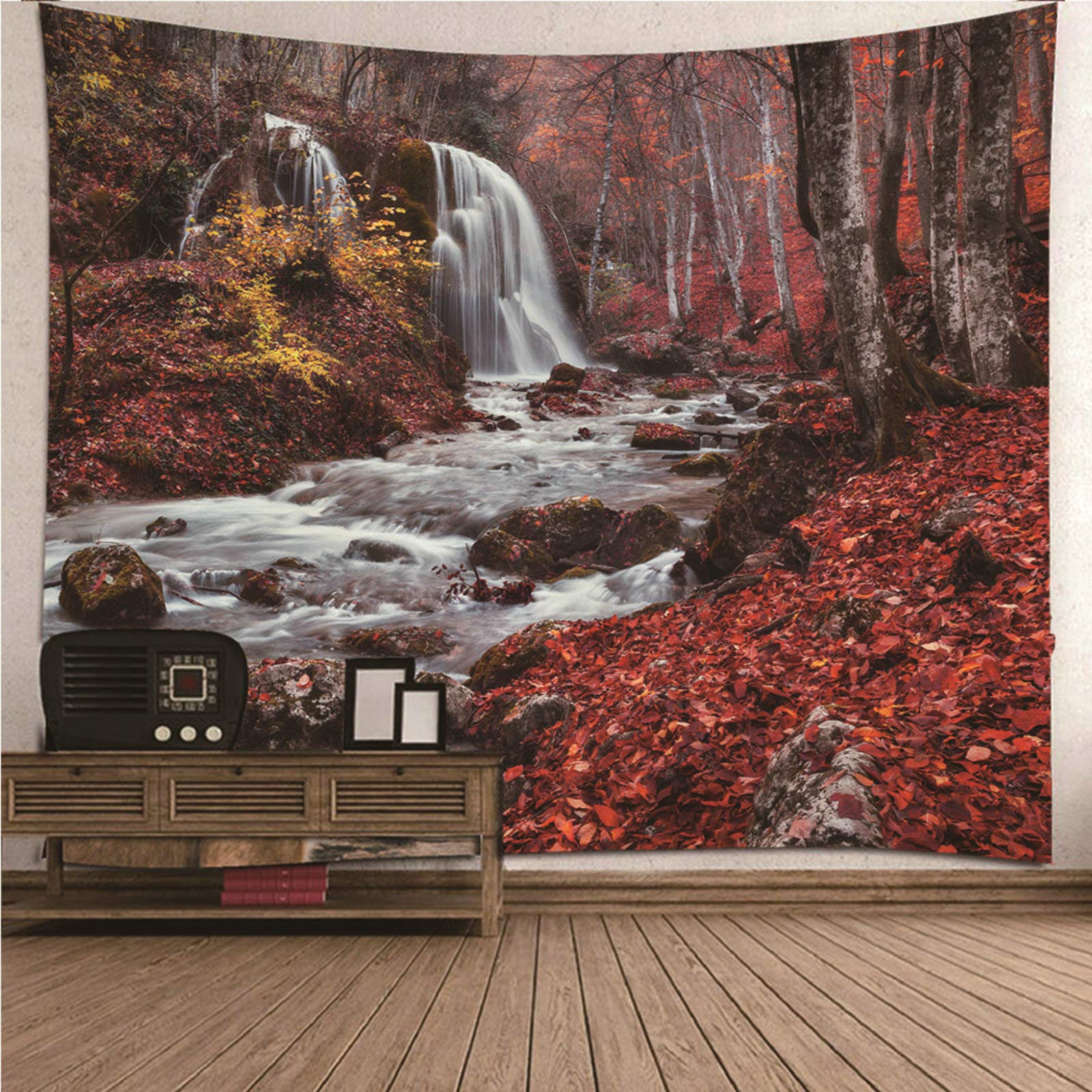 Tapiz de pared premium KnSam de poliéster resistente con diseño de bosque otoñal y cascada