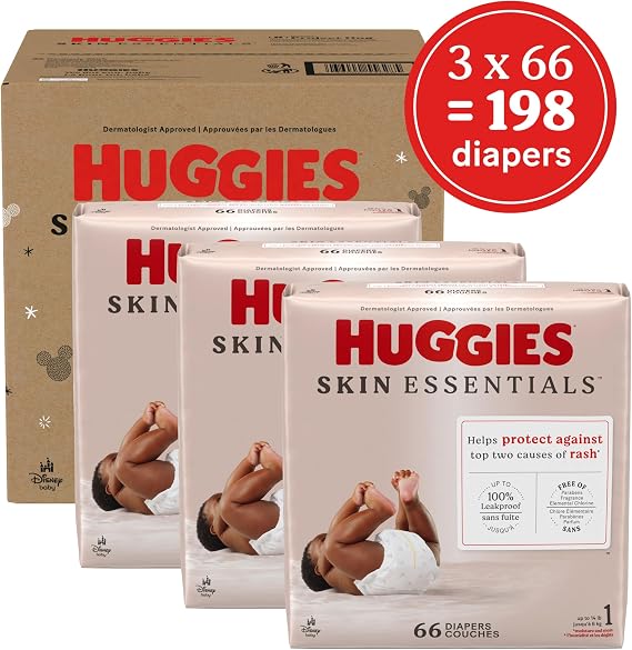 Huggies Size 1 Diapers, Skin Essentials Baby Diapers, Size 1 (8-14 lbs), 198 Count (3 Packs of 66)