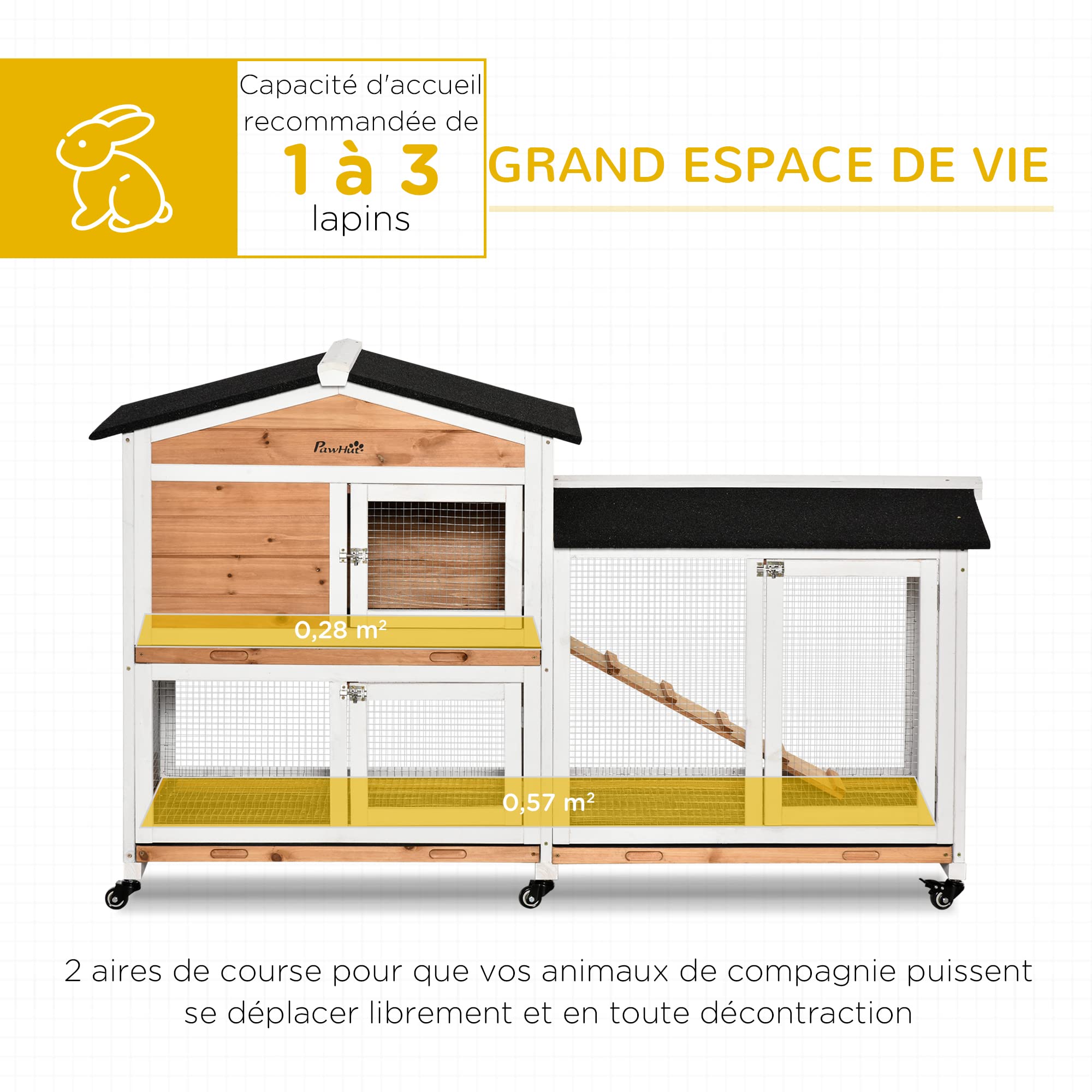 PawHut Clapier Bois pour Lapins Petit enclos Animaux Villa pour Lapin sur roulettes 2 étages 3 Plateaux coulissants 157,4 x 53 x 99,5 cm Jaune