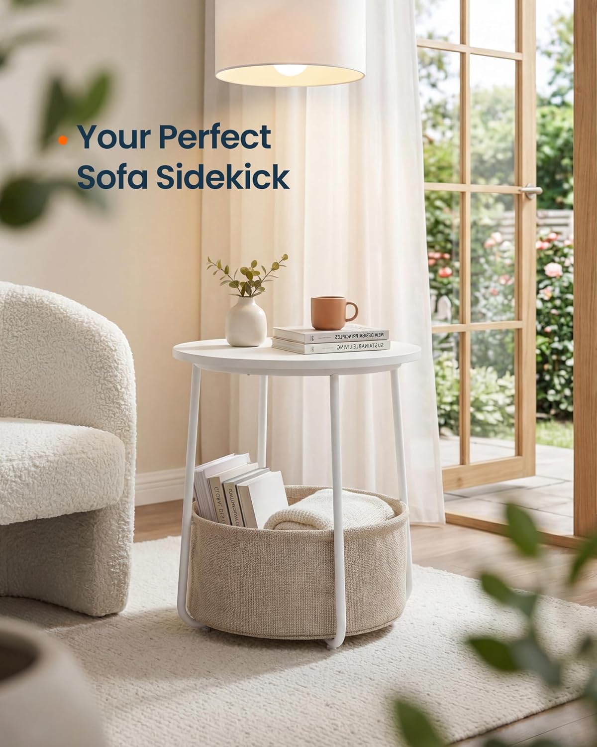 SONGMICS HOME Small Side Table, Round End Table, 2 Tier Nightstand with Basket, U Shaped Steel Legs, Easy Assembly, for Living Room, Bedroom, White and Brown