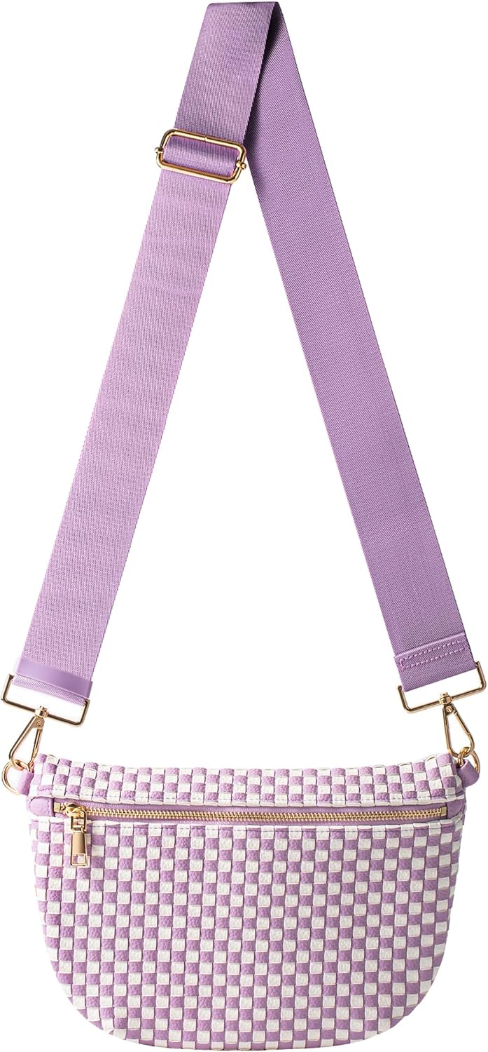 Woven Crossbody Bag for Women, Checkered PU Bum Bag Sling Purse with Adjustable Strap for Travel, Festivals