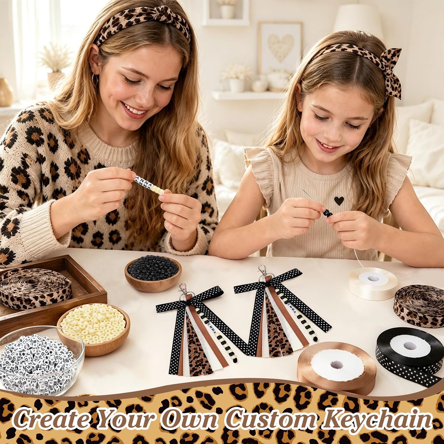 CORNER LACE Leopard/Cheetah DIY Ribbon Bead Keychain Making Kit, with Alphabet Letter Beads Tassel Ribbons Craft for Custom Bag Charm Bow Key Chain Jewelry Gift Party Favor image 2