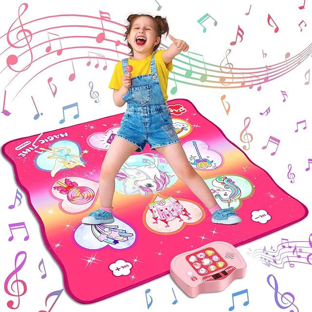 BAZADER Unicorn Dance Mat Toys for Girls, Christmas Birthday Gifts for 3 4 5 6 7 8 9+ Year Old Girl, Music Dance Touch Play Mat with 5 Game Modes & 8 Built-in Songs, Adjustable Volume & LED Lights