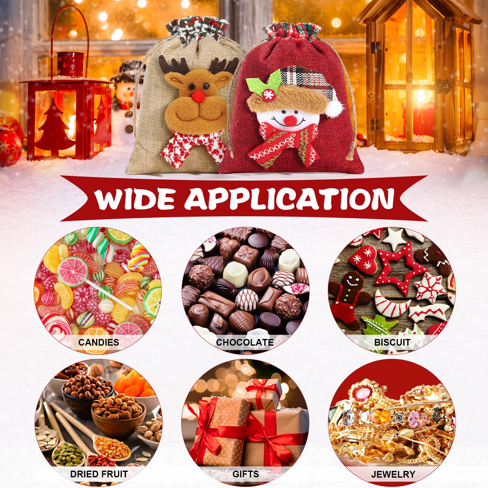 FLOE Jute-Geschenktüten Mit Kordelzug – 12 Stück Mit 3D-Weihnachtsmotiven (14x18 Cm)