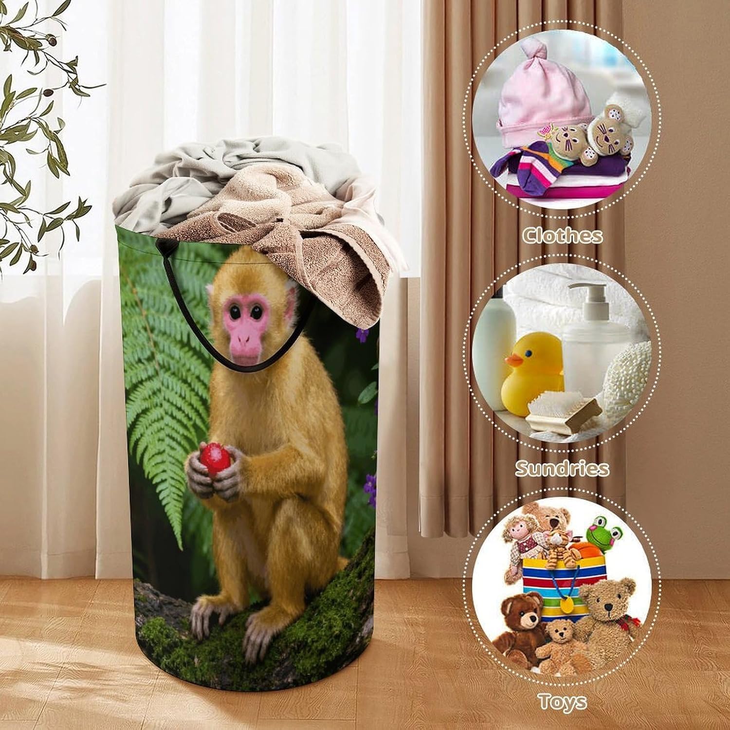 Golden Monkey in The Forest Laundry Hamper with Handles Waterproof Collapsible Laundry Basket Large Lightweight Round Dirty Clothes Hamper for Home Dorm Bathroom Decor