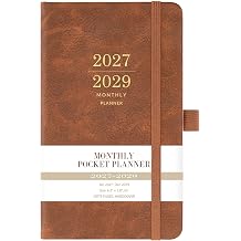 2027-2029 Monthly Pocket Planner - JAN 2027 - DEC 2029, 3 Year Calendar, Faux Leather Cover, 3.8" 6.3", Pen Holder, 2 Bookmarks, Back Pocket