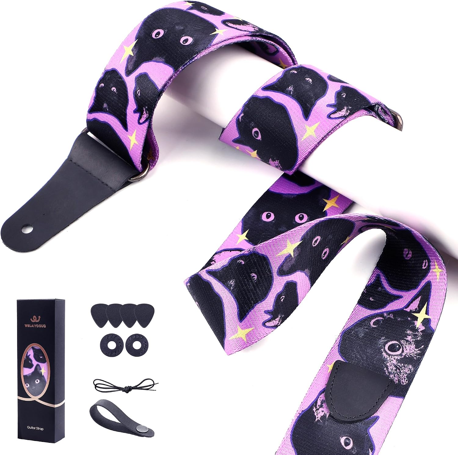 Guitar Strap-2" Wide, Leather End, Suitable for Bass/Electric/Ukulele/Acoustic Various Types of Guitars, Cartoon Animals Adjustable Straps, Free Padding and Leather Headband (Purple Cat)