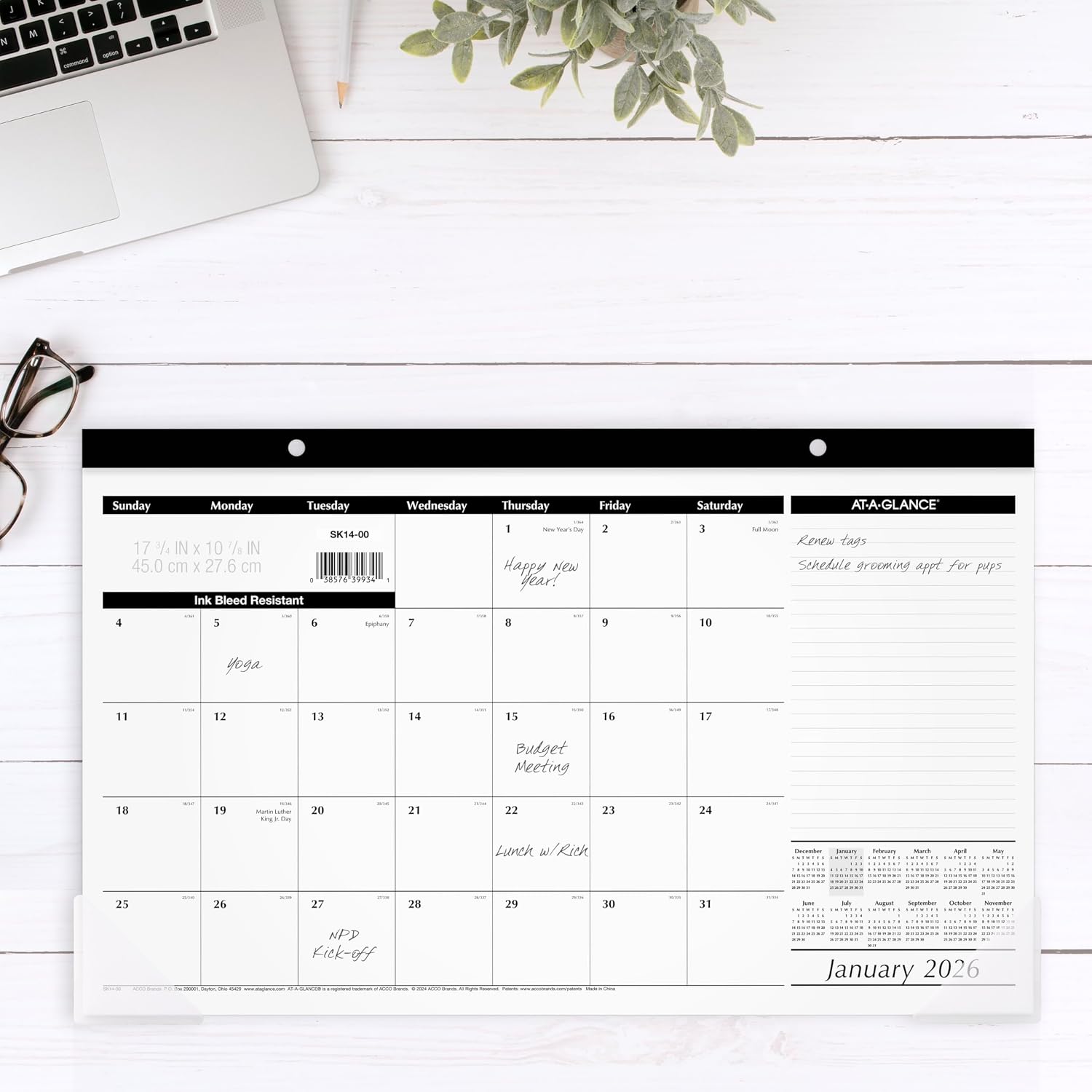 AT-A-GLANCE 2026 Desk Calendar, Monthly, Desk Pad, 17-3/4" x 11", Compact (SK140026)