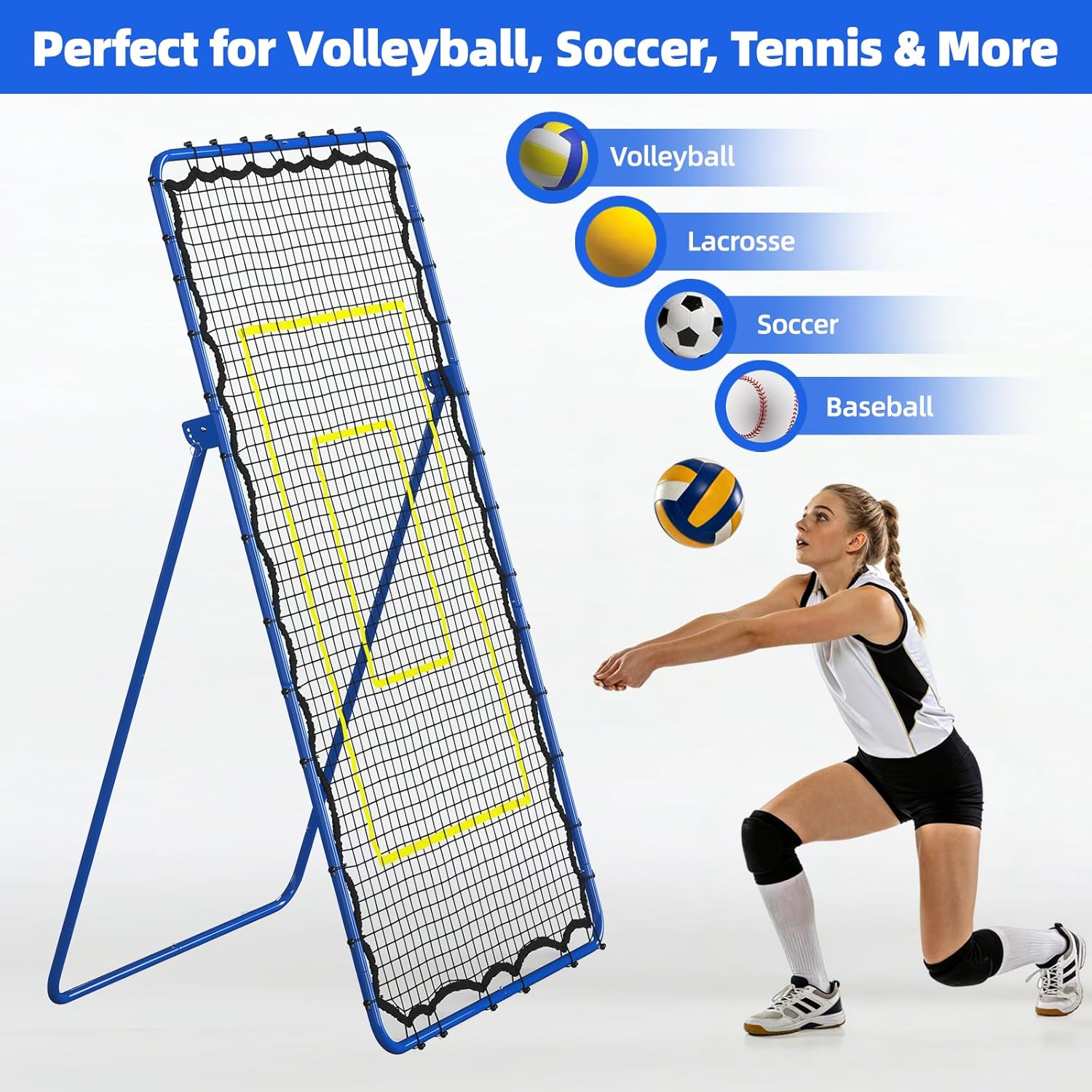 Volleyball Rebounder Net 7x4FT, Steel Frame 5-Level Adjustable Angle Bounce Back Net for Volleyball, Heavy-Duty PE Net with Ground Stakes for Solo Training, Blue