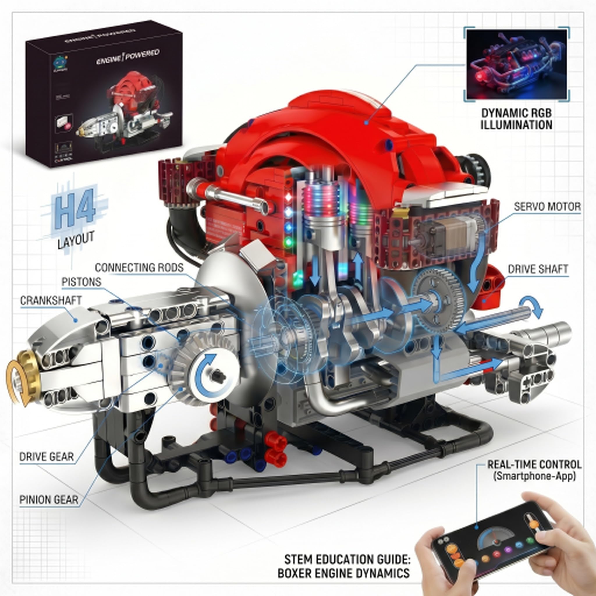 Maqueta Motor H4 868 Piezas – Kit Motor Miniatura Bluetooth & LED RGB | Motor H4 para Montar Adultos Stem Maquetas para Montar Idea Regalo Hombre
