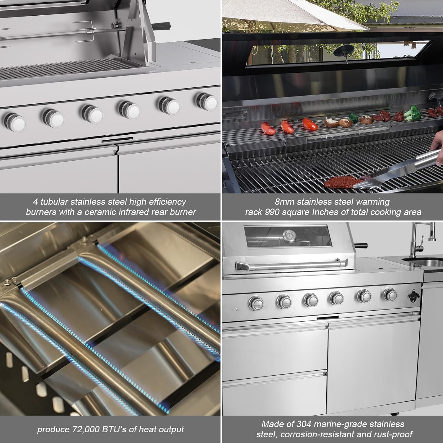 Outdoor Kitchen Island 98.4 Inch, 72000 BTU Gas Grill Combination With Refrigerator and Sink, Outdoor Stainless Steel Barbecue Bar, Natural Gas Barbecue Grill for Patios, Gardens, Parties