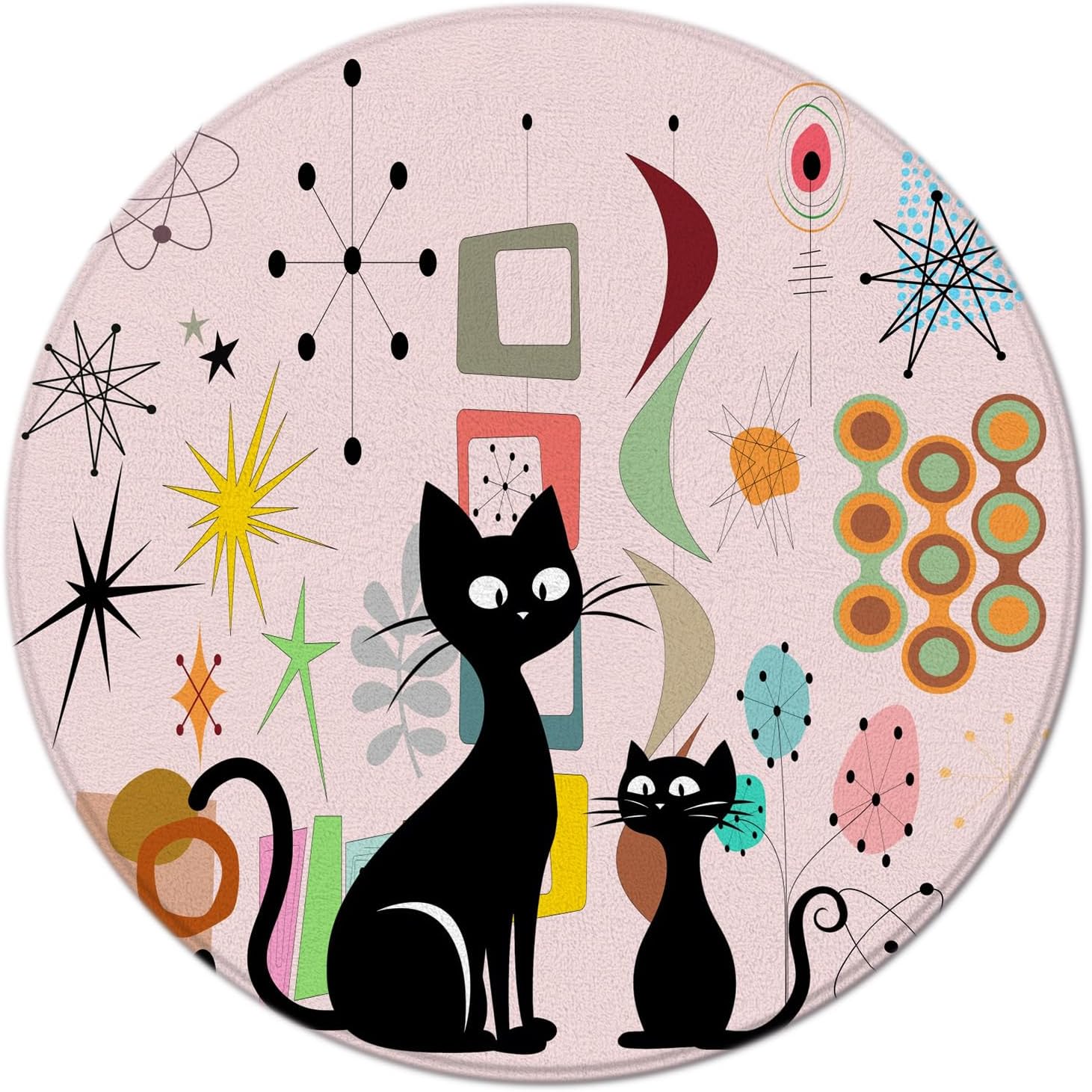 Mid Century Round Area Rugs,Black Cat Modern Abstract Geometry Retro Atomic Cat Iconic Pattern 1950s Floor Mats Carpet for Entryway Living Room Bedroom