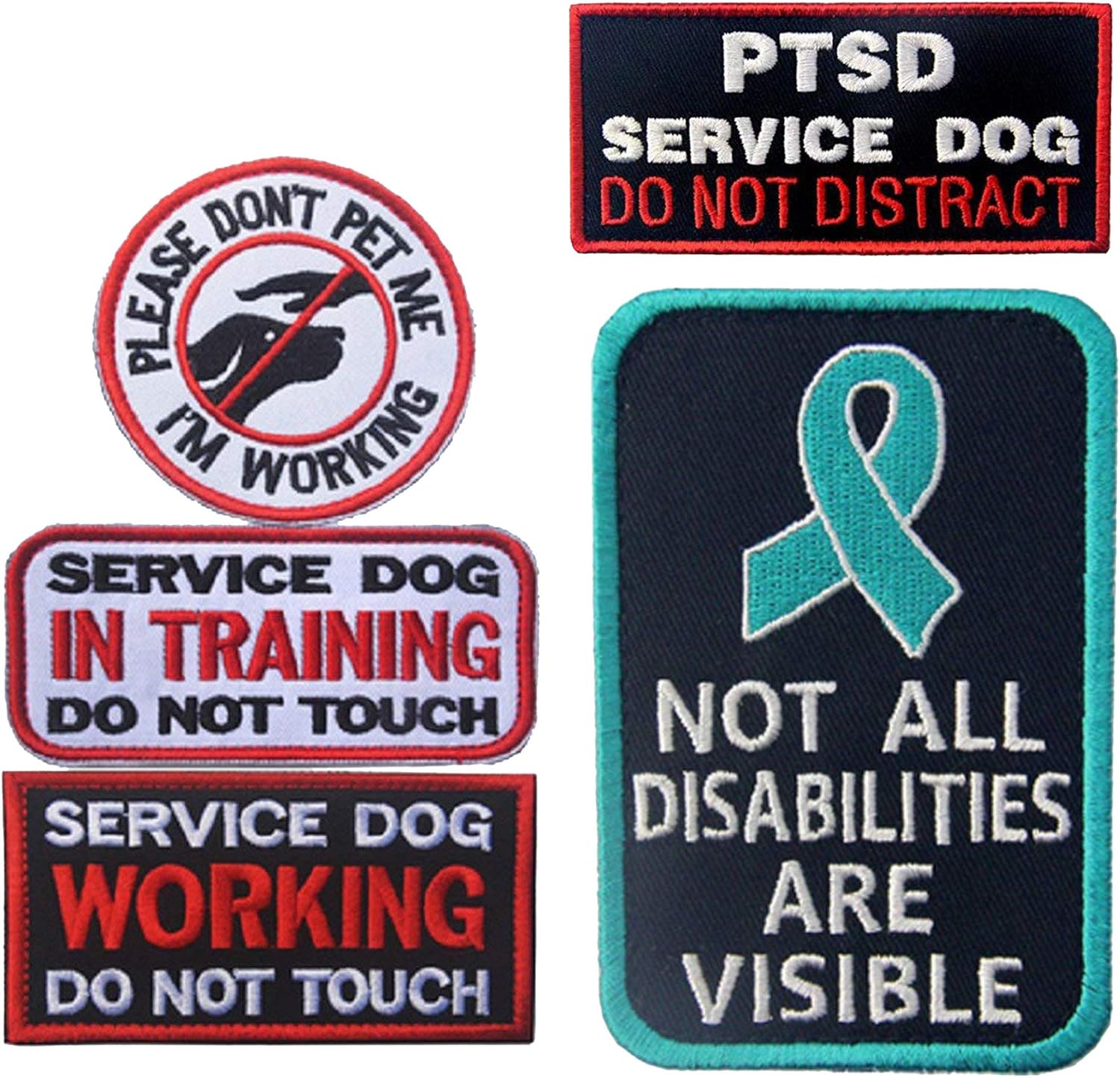 Service Dog in Training/Working Do Not Touch, I’m Working Please Don’t Pet Me, Not All Disabilities are Visible, PTSD Service Dog DO NOT Distract Embroidered Hook & Loop Patches 5 PCS