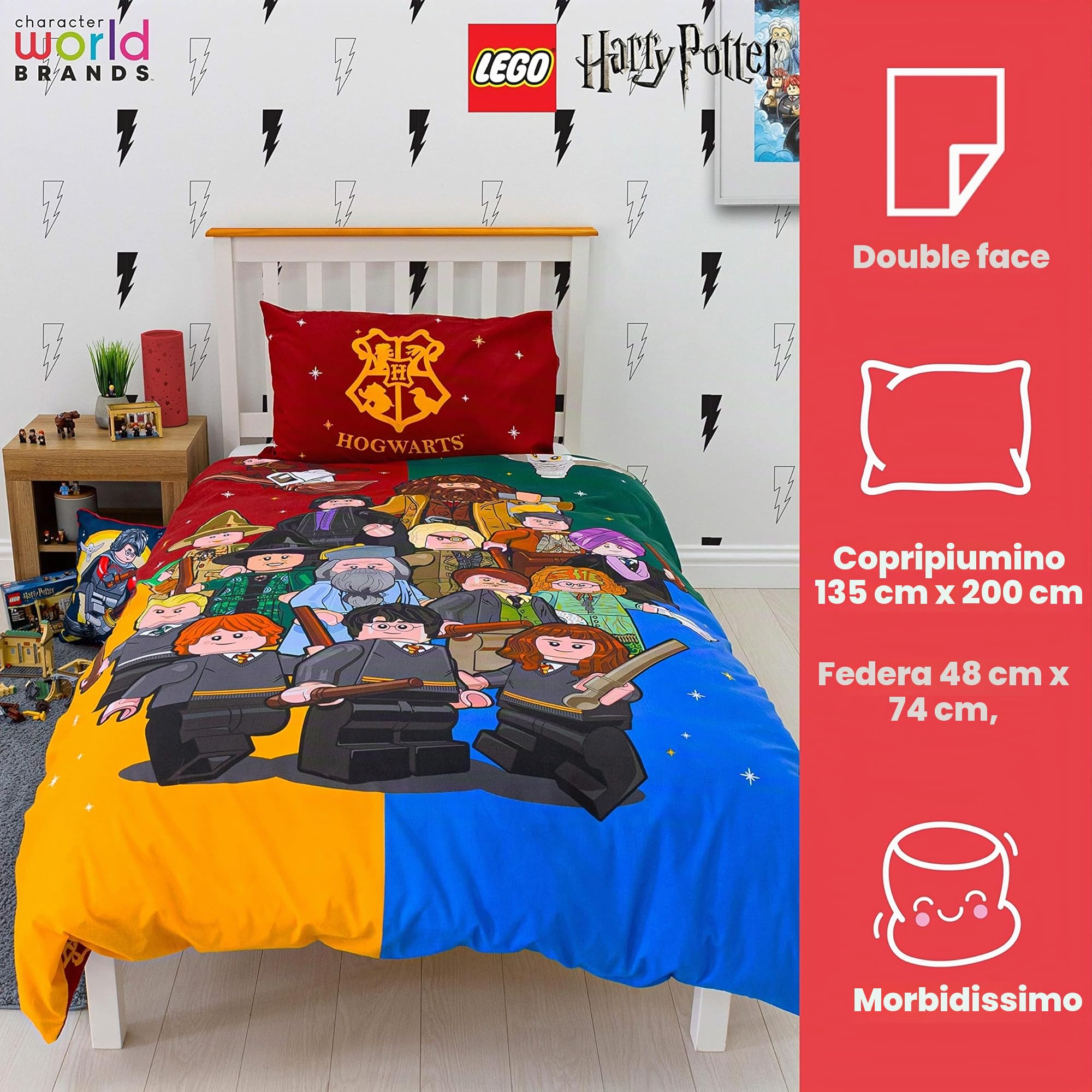 HARRY POTTER Set copripiumino singolo LEGO® con licenza ufficiale LEGO® | Biancheria da letto reversibile su 2 lati con federa coordinata, in policotone, design LEGO® | Character World Brands