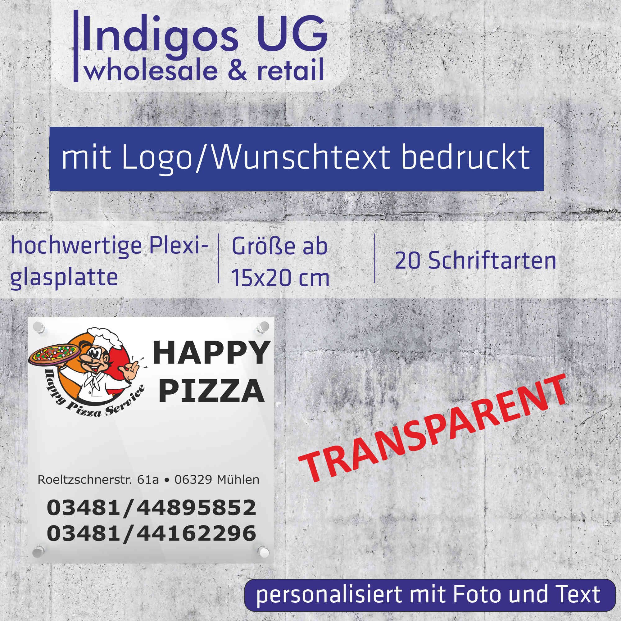 INDIGOS UG - Schilder selbst gestalten - 5mm Acrylglas Schild - 60x40 cm - Platte bedruckt mit Wunschtext - Firmenname - personalisierte Geschenke - für Firma Büro Tür Eingang Hotel