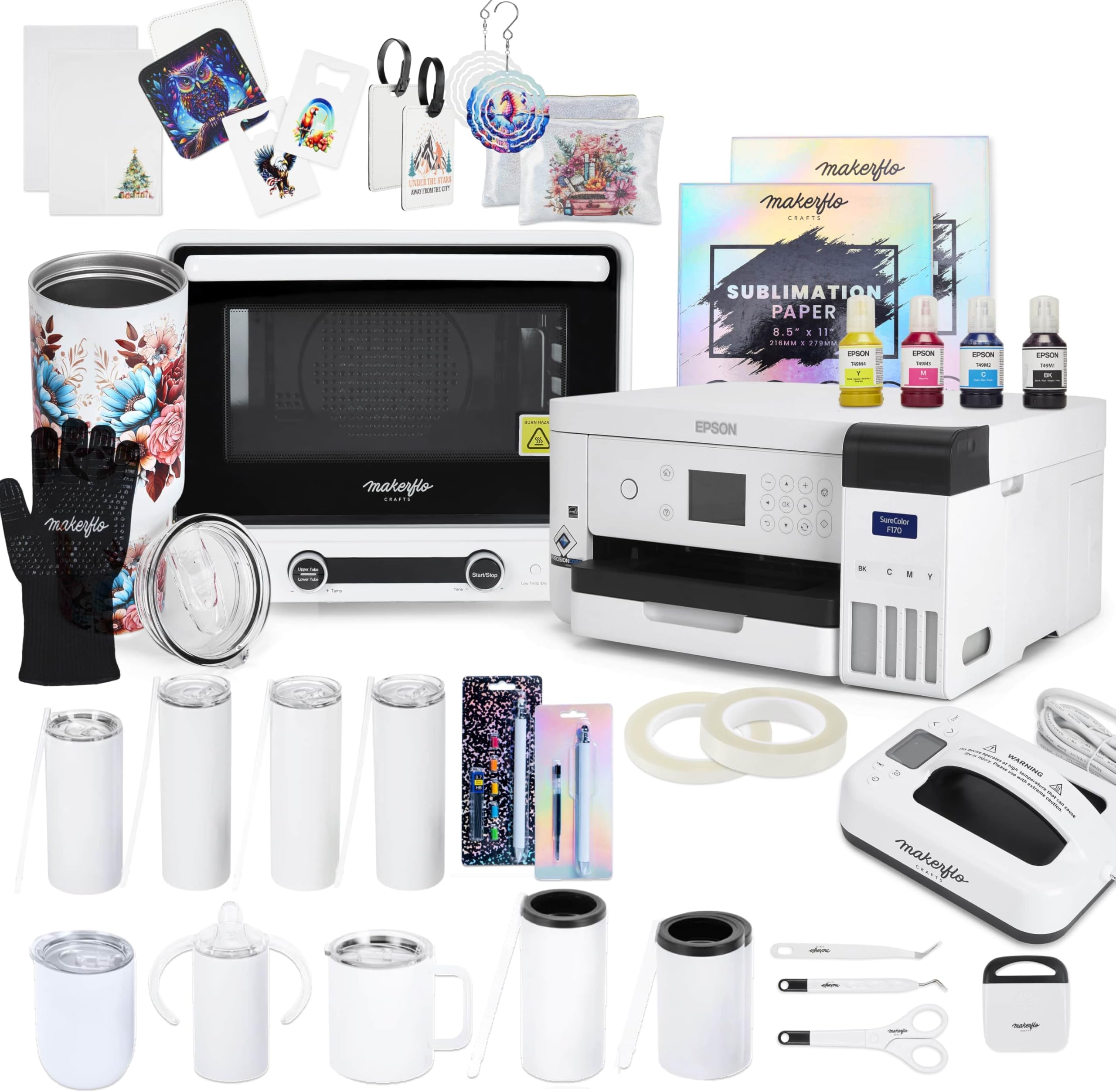 Makerflo Sublimation Oven, Ultimate Kit with Epson F170, Mini Heat Press, Inks, 10 Tumblers, Pens, Pencils, Creative Fabrica Design Pack – White