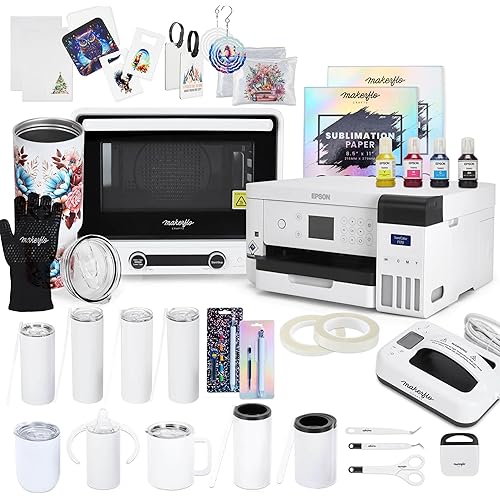 Epson F170 Sublimation Ultimate Kit with Printer, Makerflo 40L Sublimation Oven, Mini Heat Press, Inks, 10 Tumblers, Pens, Pencils, Creative Fabrica Design Pack – Complete Starter Bundle